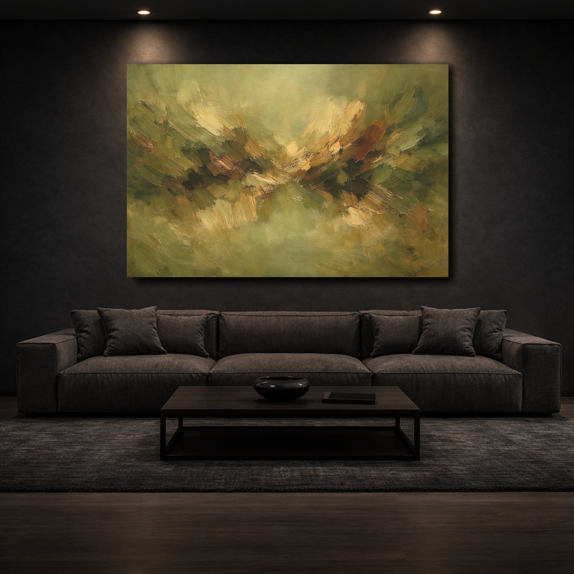 Mockup 2. Nature Abstract Landscape Earthy Green Brown shown as stretched canvas wall art