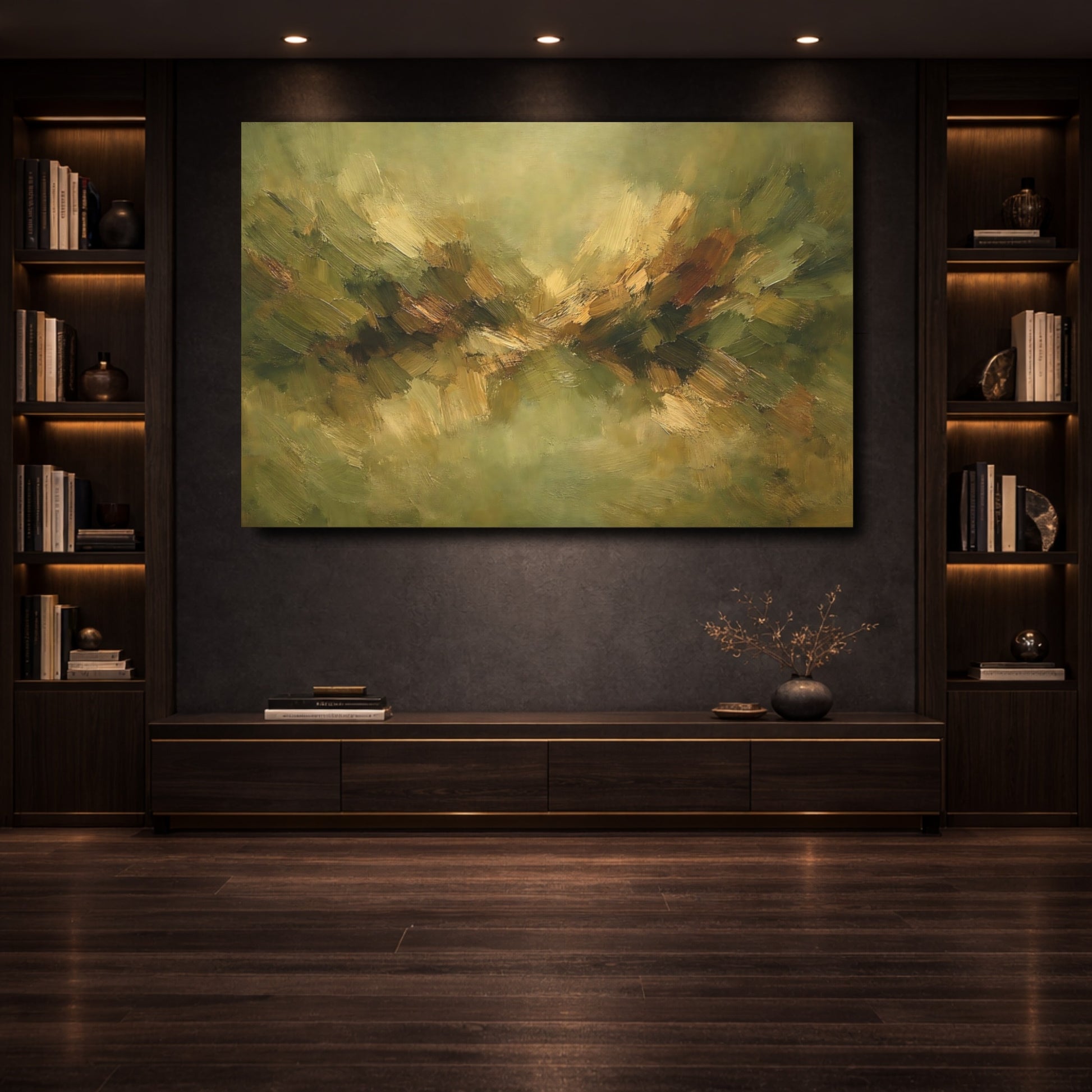 Mockup 3. Nature Abstract Landscape Earthy Green Brown shown as stretched canvas wall art