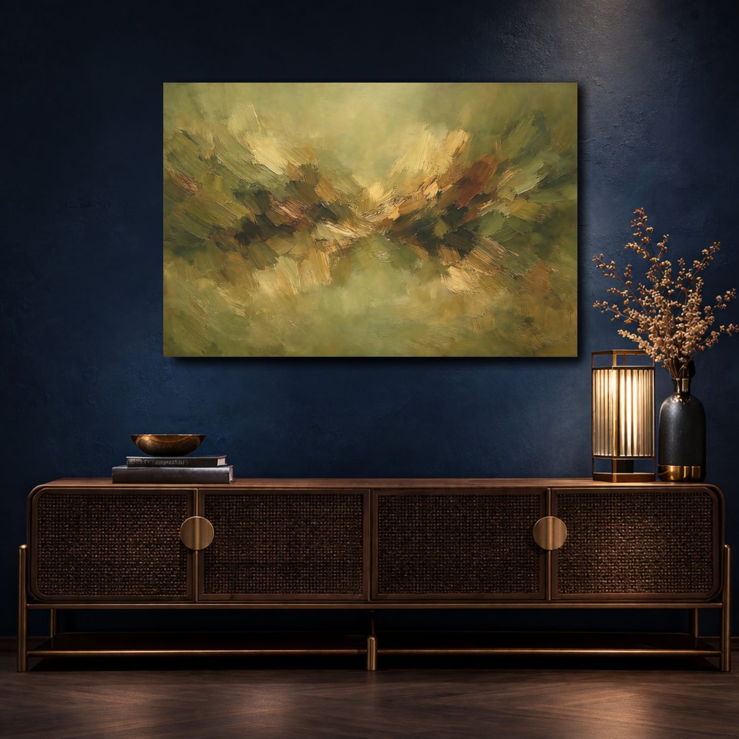 Mockup 4. Nature Abstract Landscape Earthy Green Brown shown as stretched canvas wall art