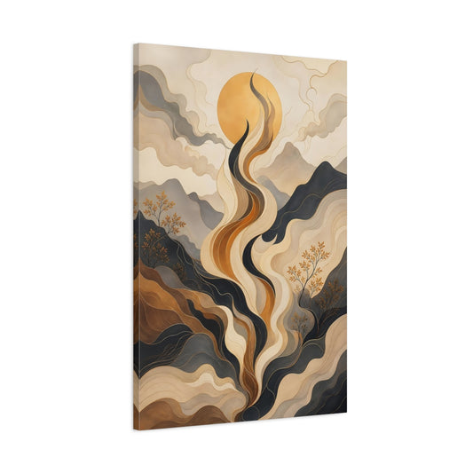 Main Mockup. Nature Abstract Landscape Gold And Grey shown as stretched canvas wall art