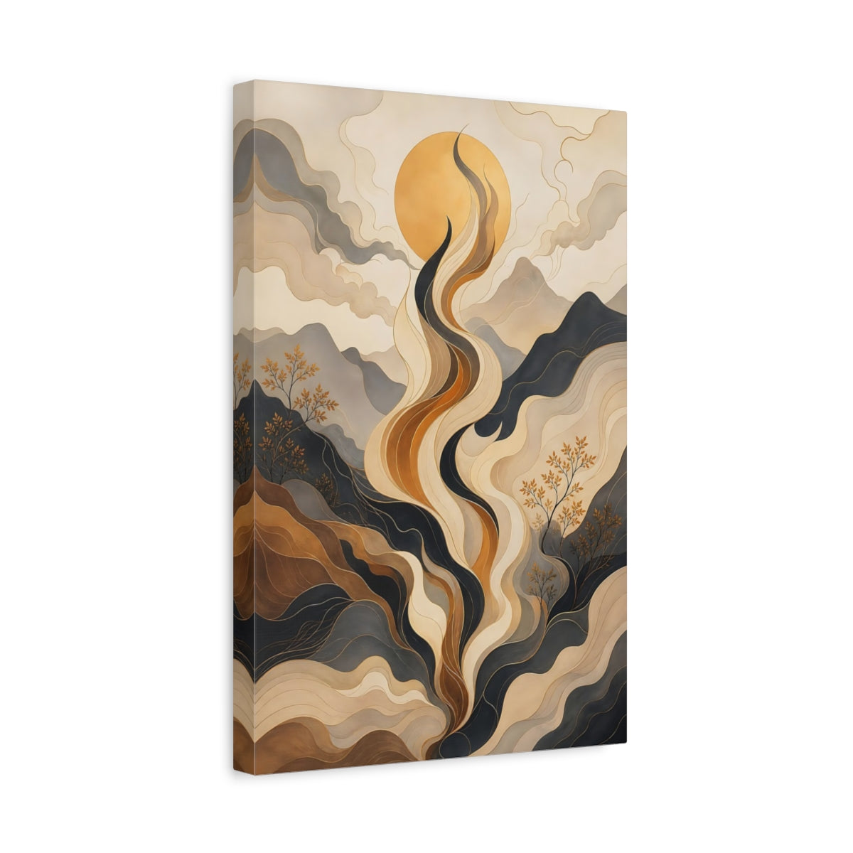 Side Mockup 4. Nature Abstract Landscape Gold And Grey shown as stretched canvas wall art