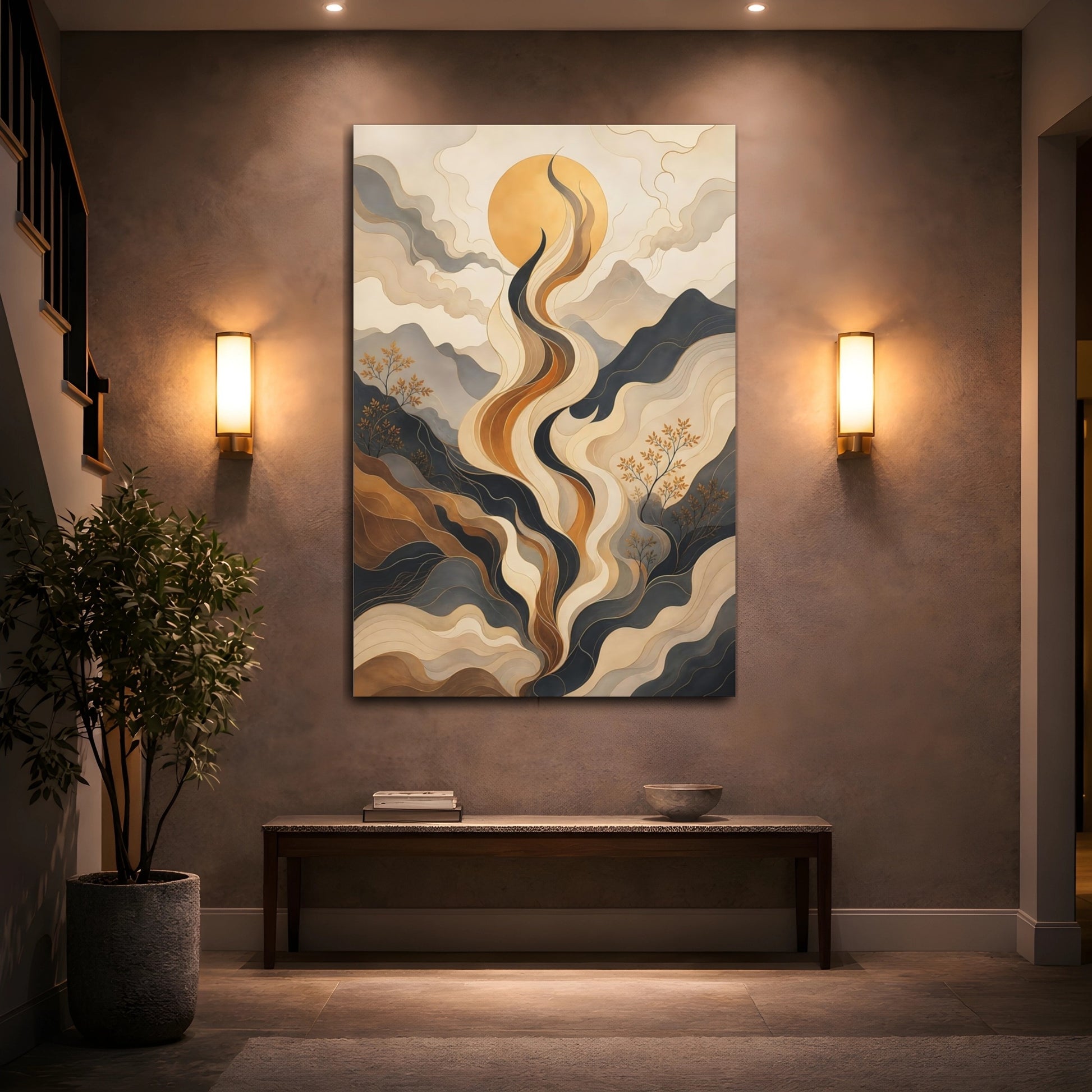 Mockup 2. Nature Abstract Landscape Gold And Grey shown as stretched canvas wall art