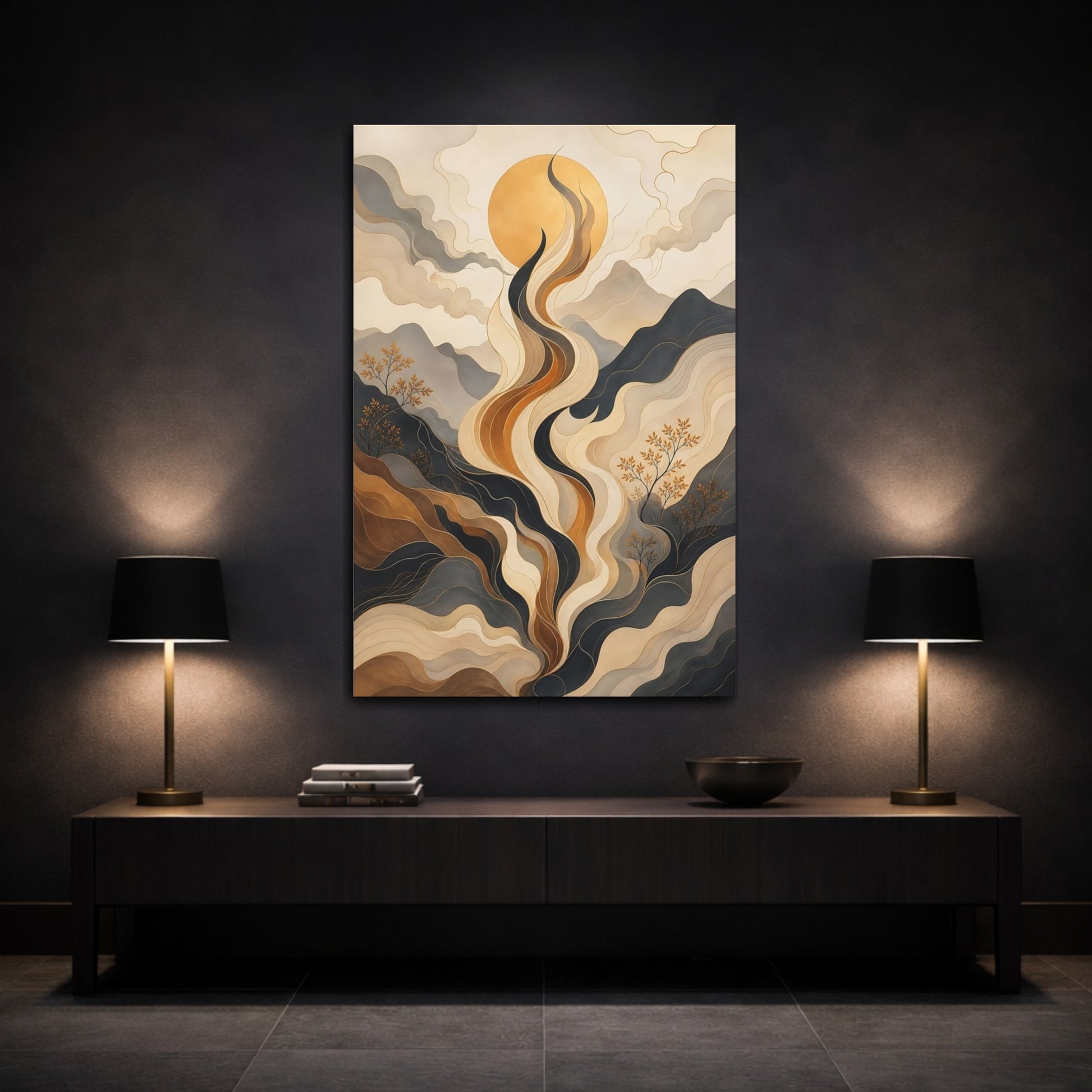 Mockup 3. Nature Abstract Landscape Gold And Grey shown as stretched canvas wall art