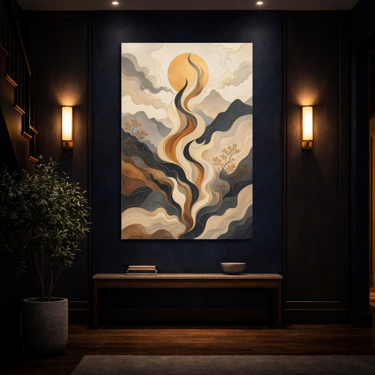 Mockup 4. Nature Abstract Landscape Gold And Grey shown as stretched canvas wall art
