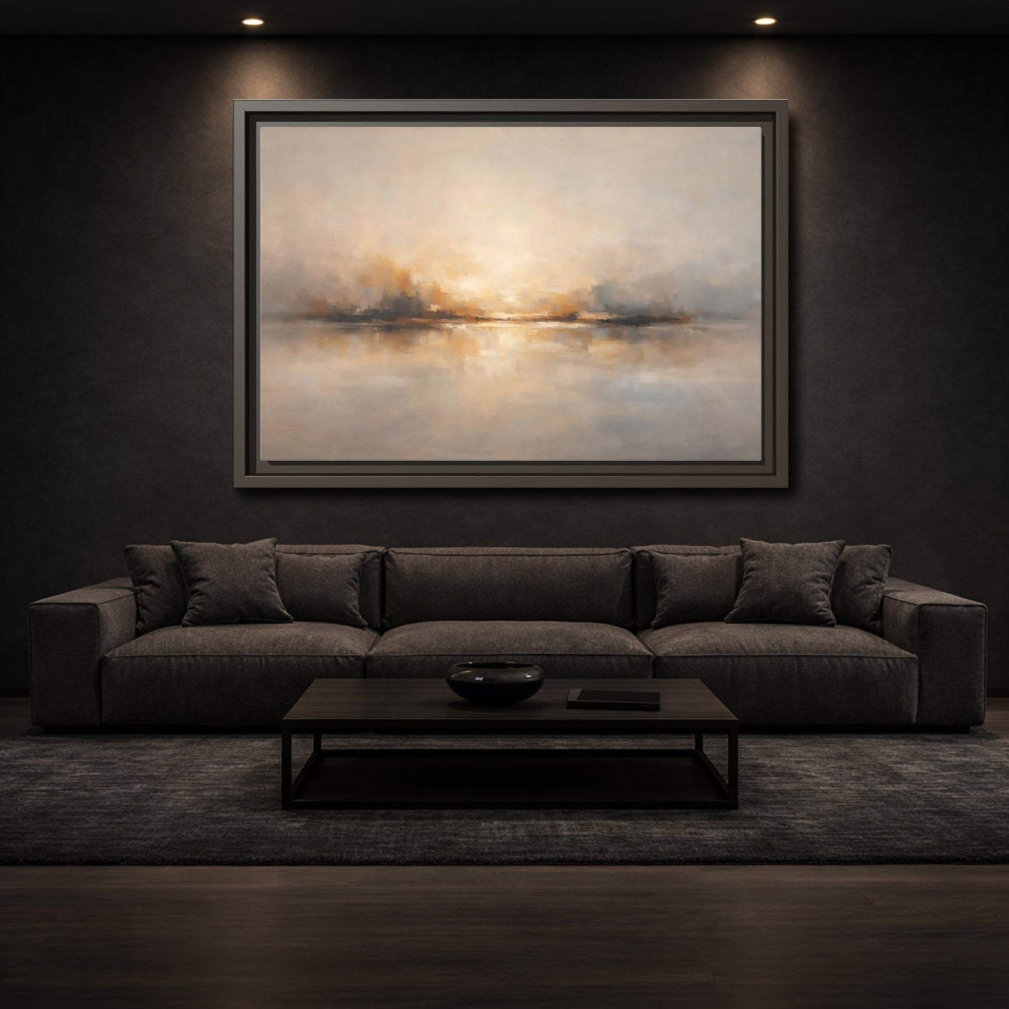 Mockup 2. Nature Abstract Landscape Gold Grey shown as stretched canvas wall art
