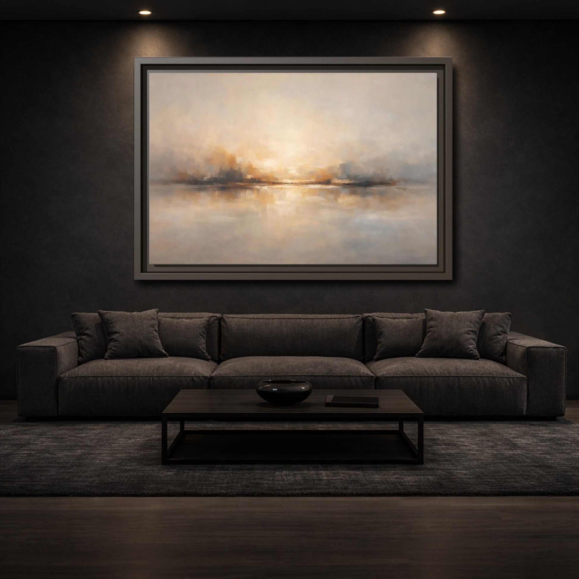 Mockup 2. Nature Abstract Landscape Gold Grey shown as stretched canvas wall art