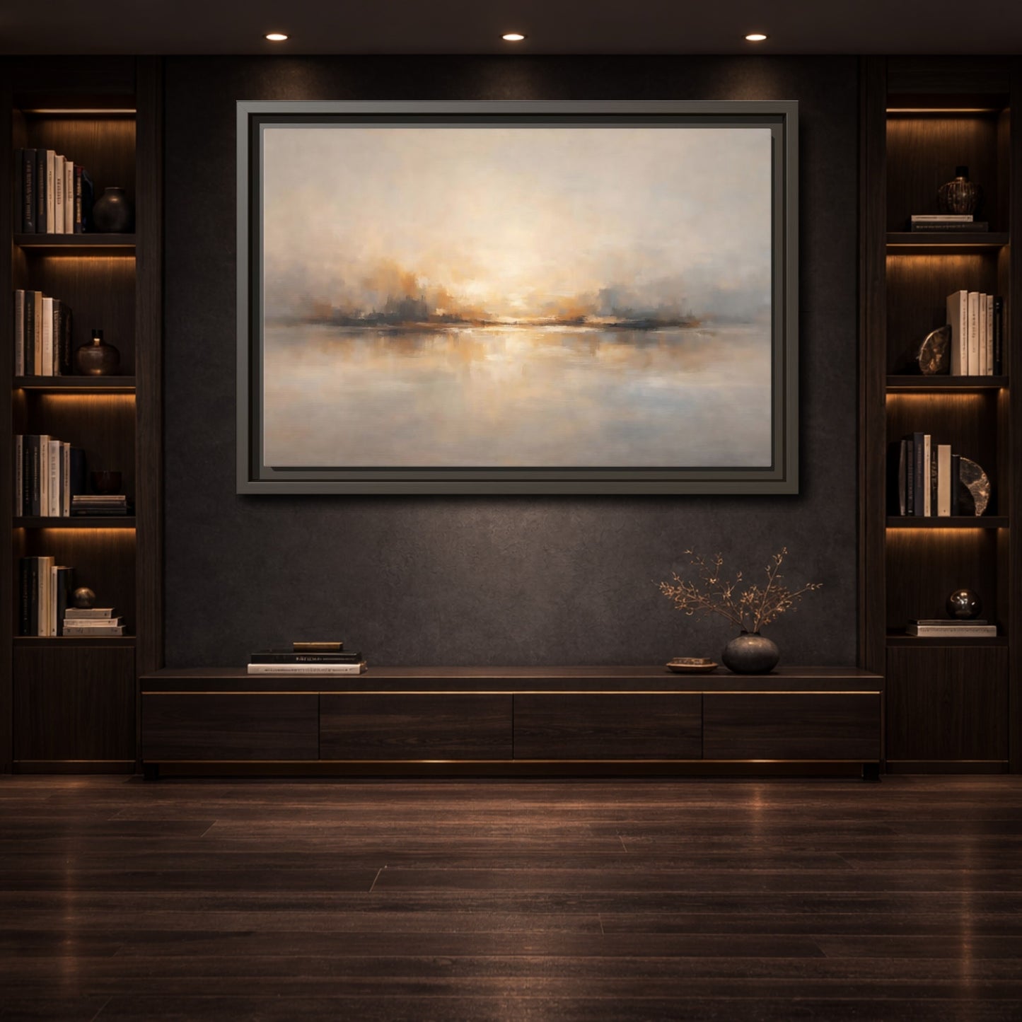 Mockup 3. Nature Abstract Landscape Gold Grey shown as stretched canvas wall art