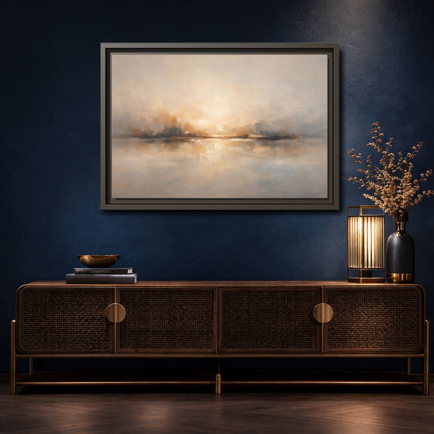 Mockup 4. Nature Abstract Landscape Gold Grey shown as stretched canvas wall art
