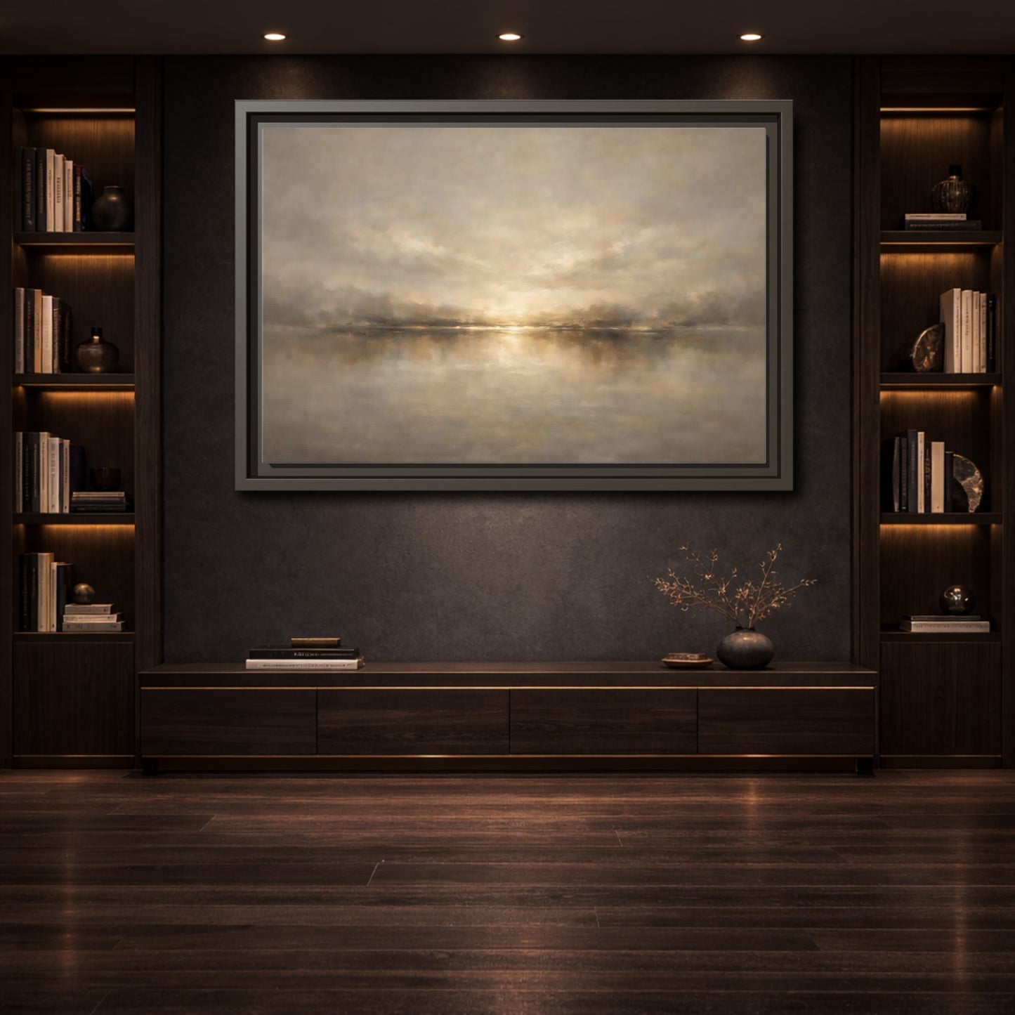 Mockup 3. Nature Abstract Landscape Golden Haze Landscape shown as stretched canvas wall art