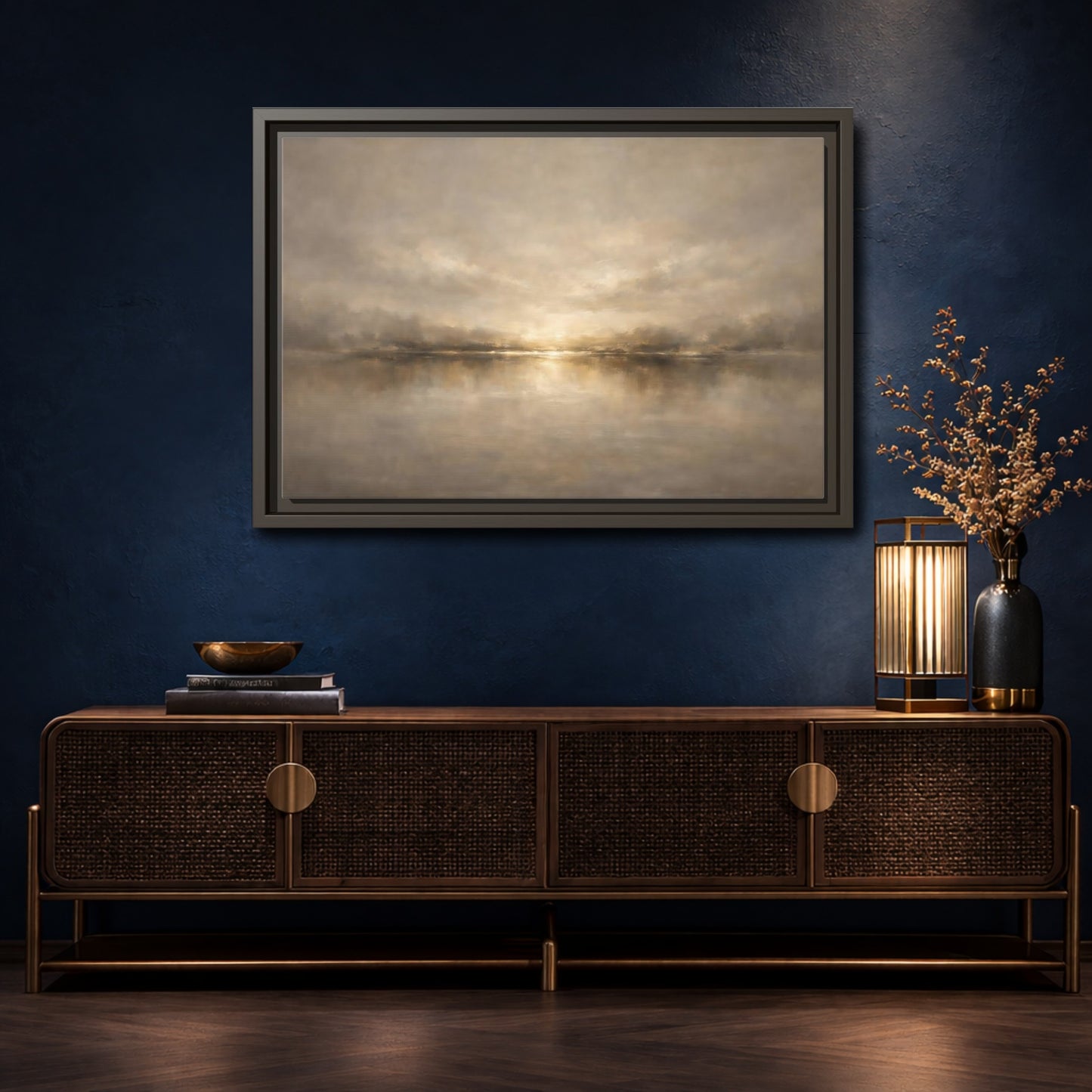 Mockup 4. Nature Abstract Landscape Golden Haze Landscape shown as stretched canvas wall art