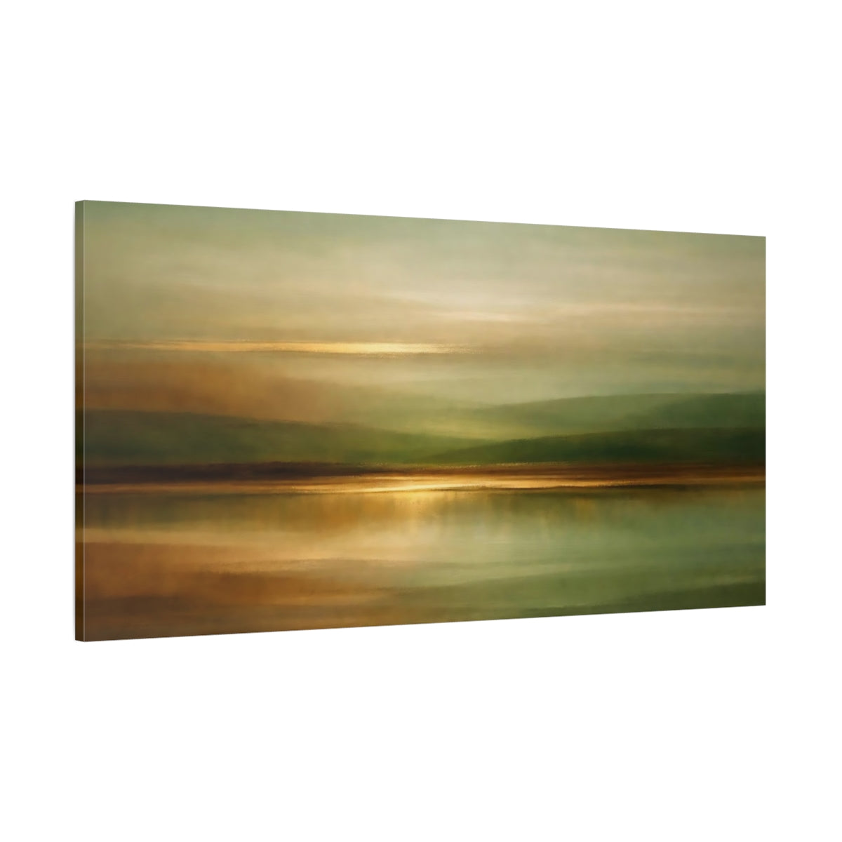Main Mockup. Nature Abstract Landscape Green And Gold Abstract shown as stretched canvas wall art