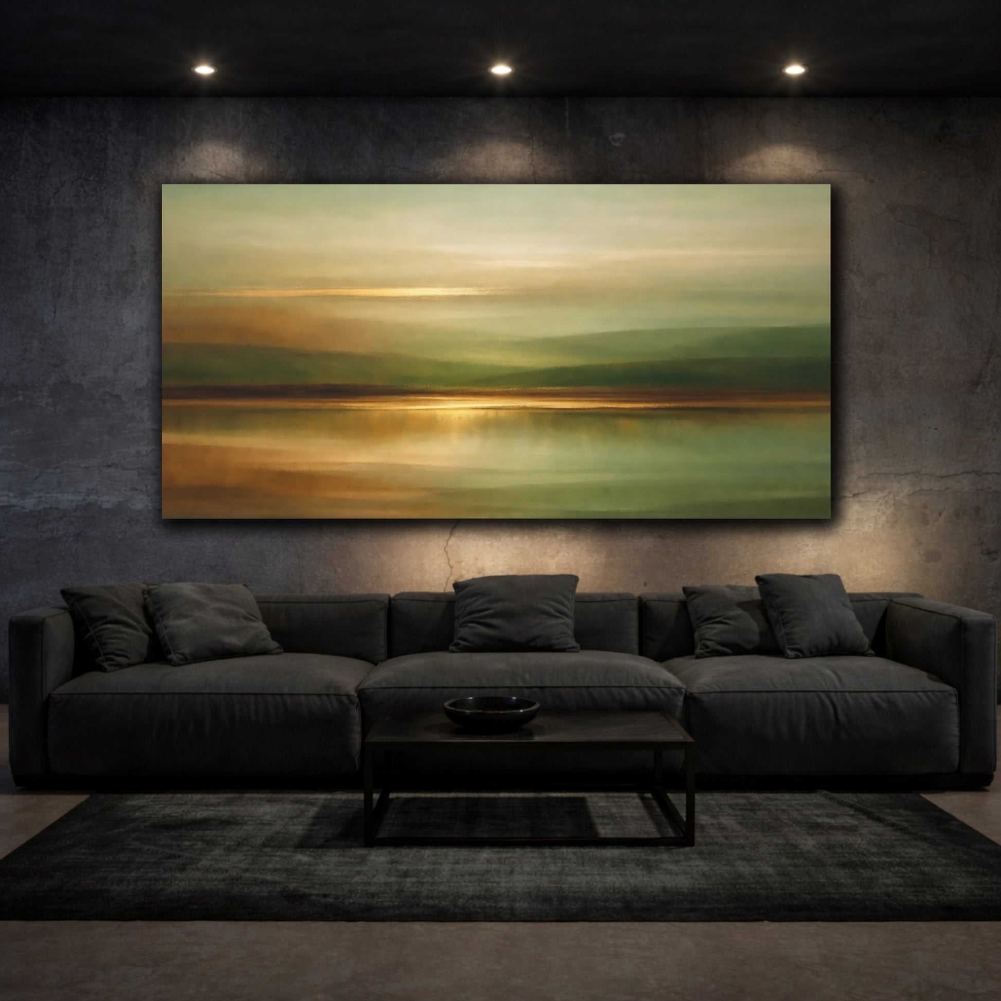 Mockup 2. Nature Abstract Landscape Green And Gold Abstract shown as stretched canvas wall art