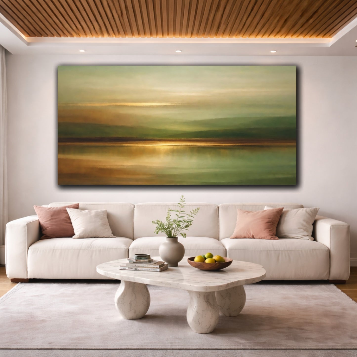 Mockup 3. Nature Abstract Landscape Green And Gold Abstract shown as stretched canvas wall art