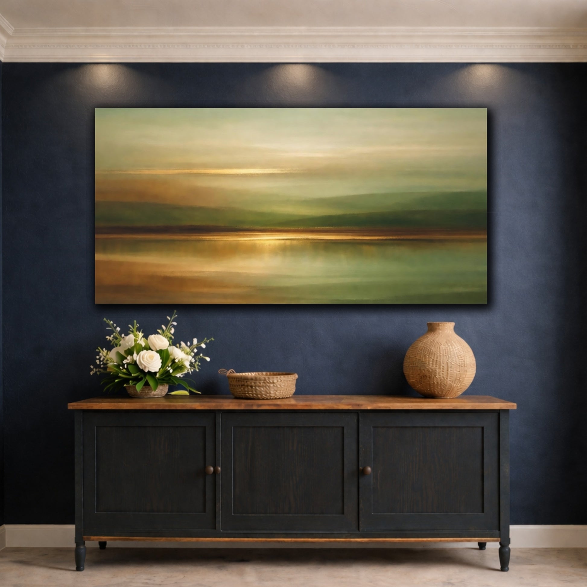 Mockup 4. Nature Abstract Landscape Green And Gold Abstract shown as stretched canvas wall art