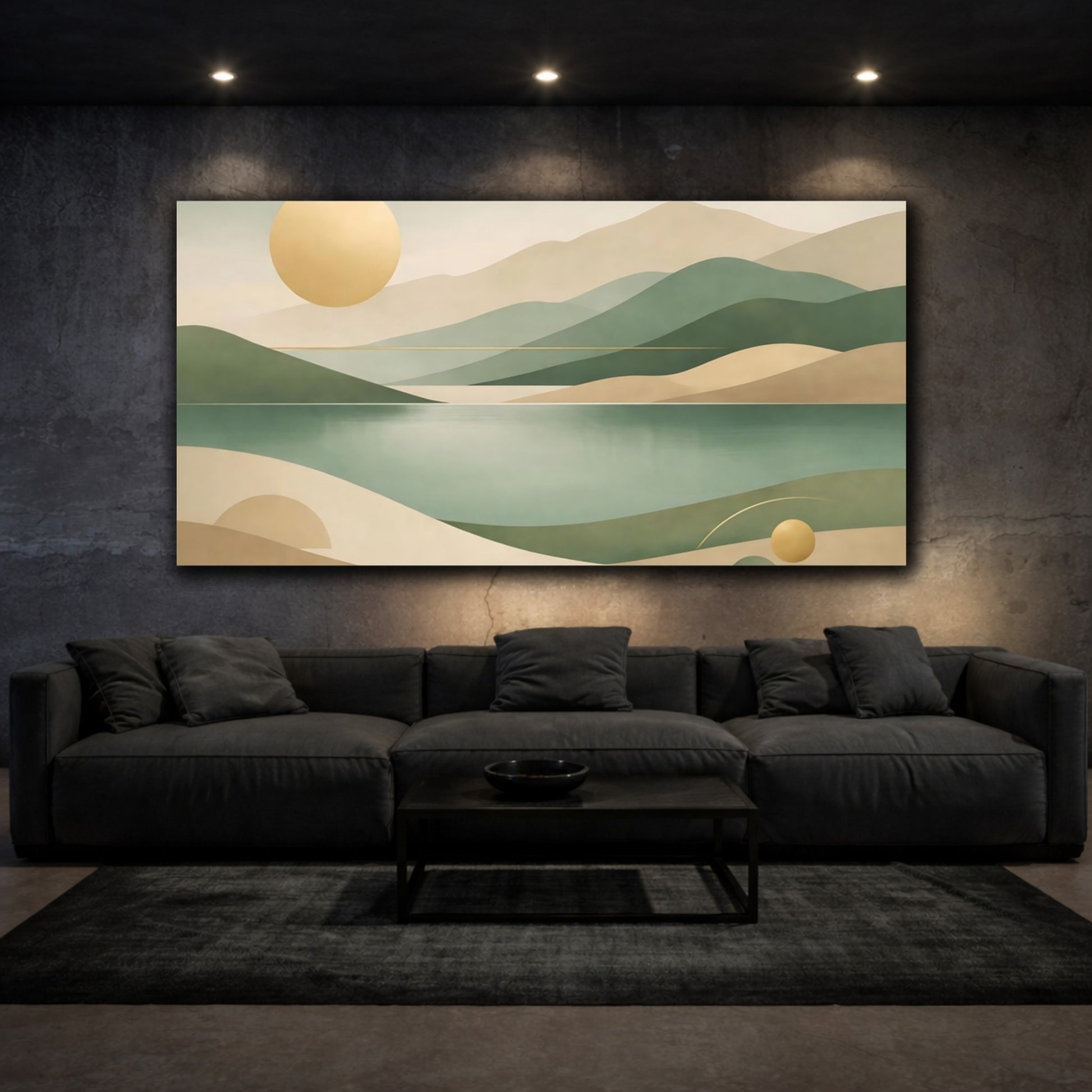 Mockup 2. Nature Abstract Landscape Green And Gold shown as stretched canvas wall art