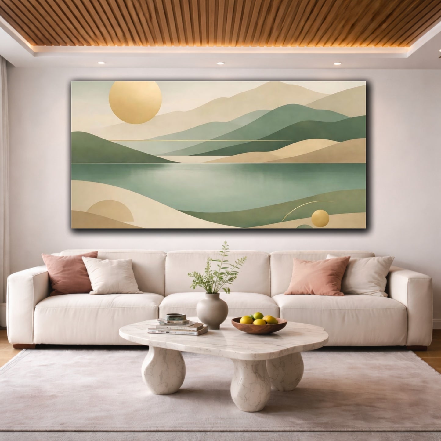 Mockup 3. Nature Abstract Landscape Green And Gold shown as stretched canvas wall art