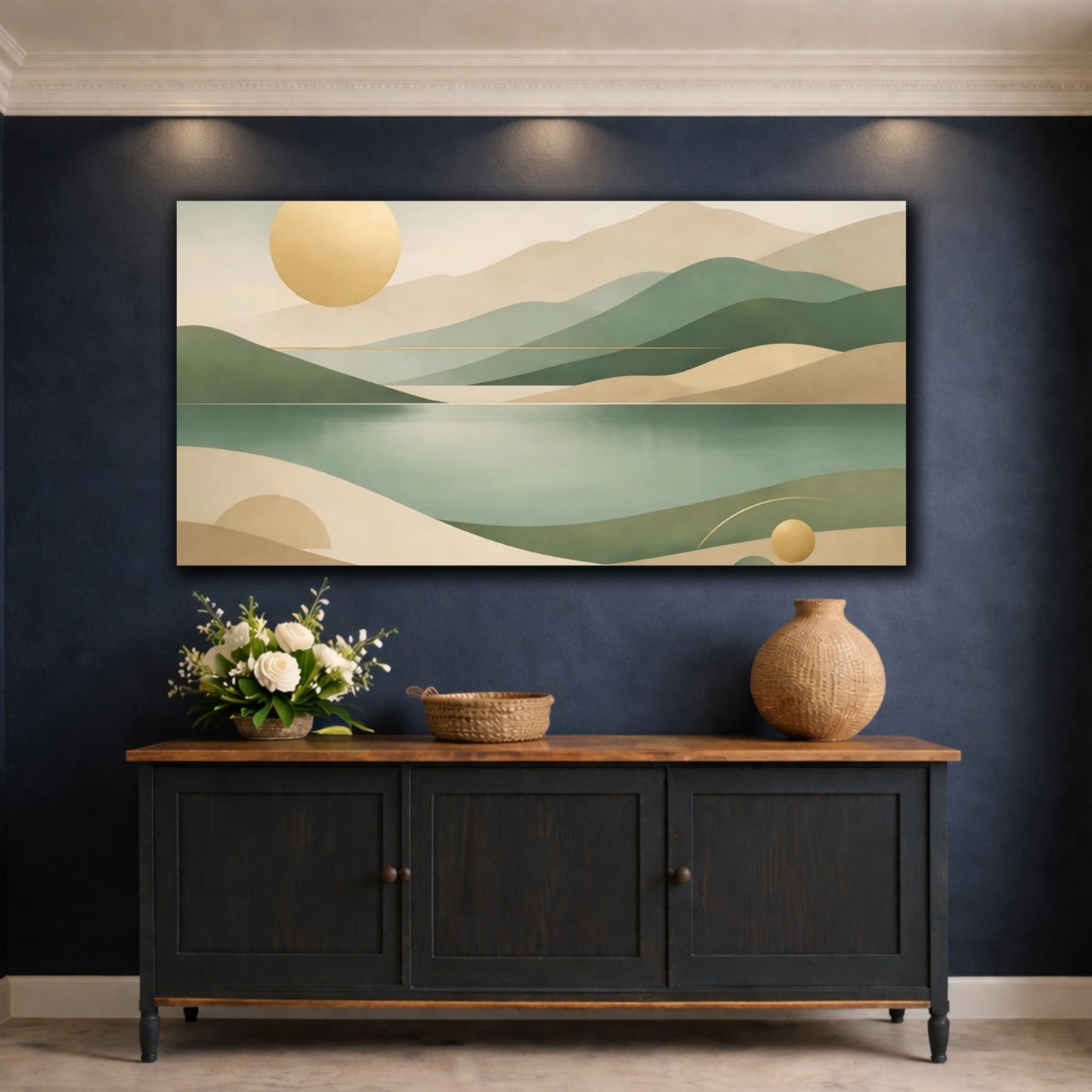 Mockup 4. Nature Abstract Landscape Green And Gold shown as stretched canvas wall art