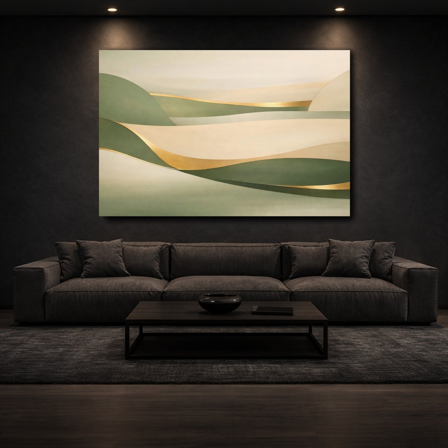 Mockup 2. Nature Abstract Landscape Green Gold Abstract shown as stretched canvas wall art