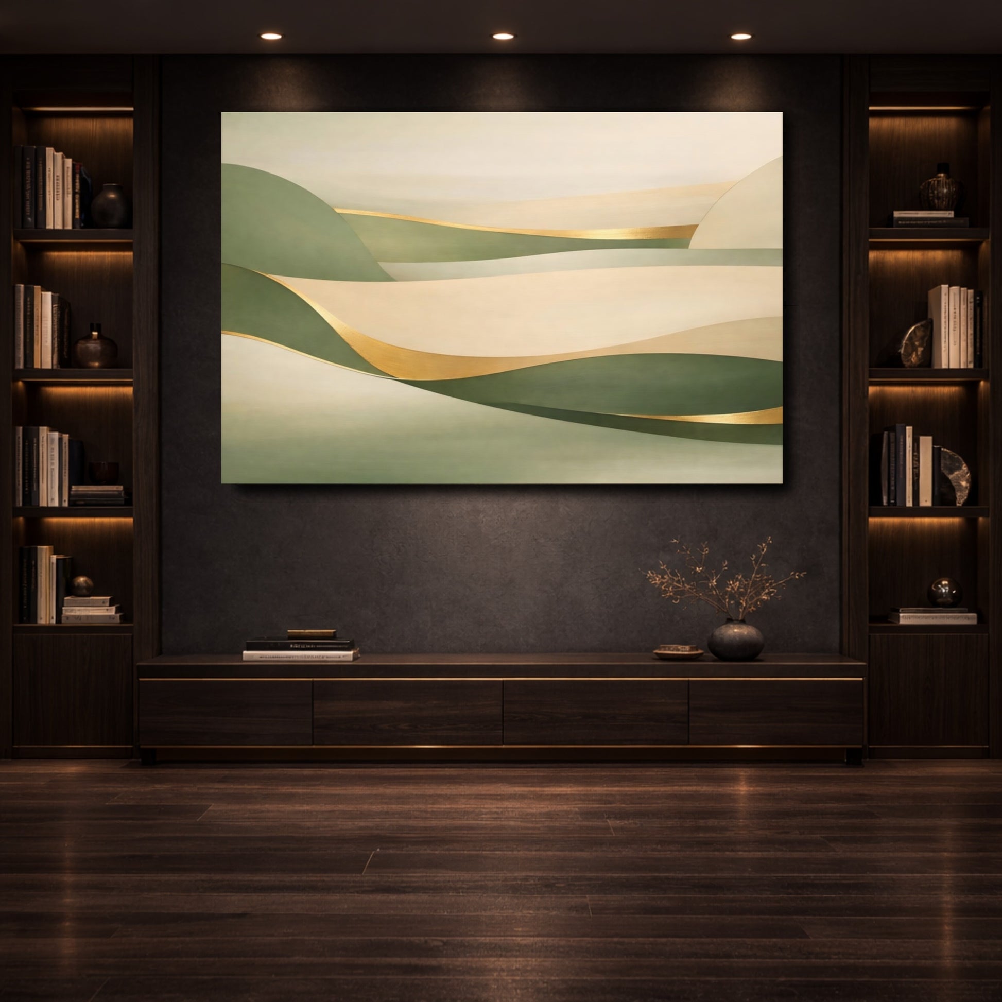 Mockup 3. Nature Abstract Landscape Green Gold Abstract shown as stretched canvas wall art