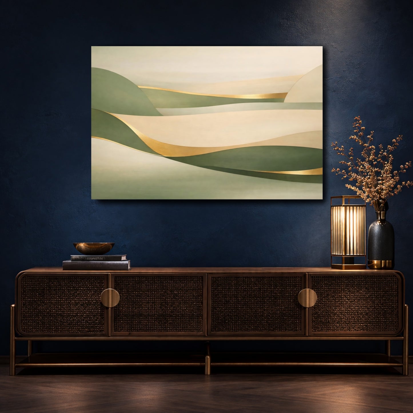 Mockup 4. Nature Abstract Landscape Green Gold Abstract shown as stretched canvas wall art