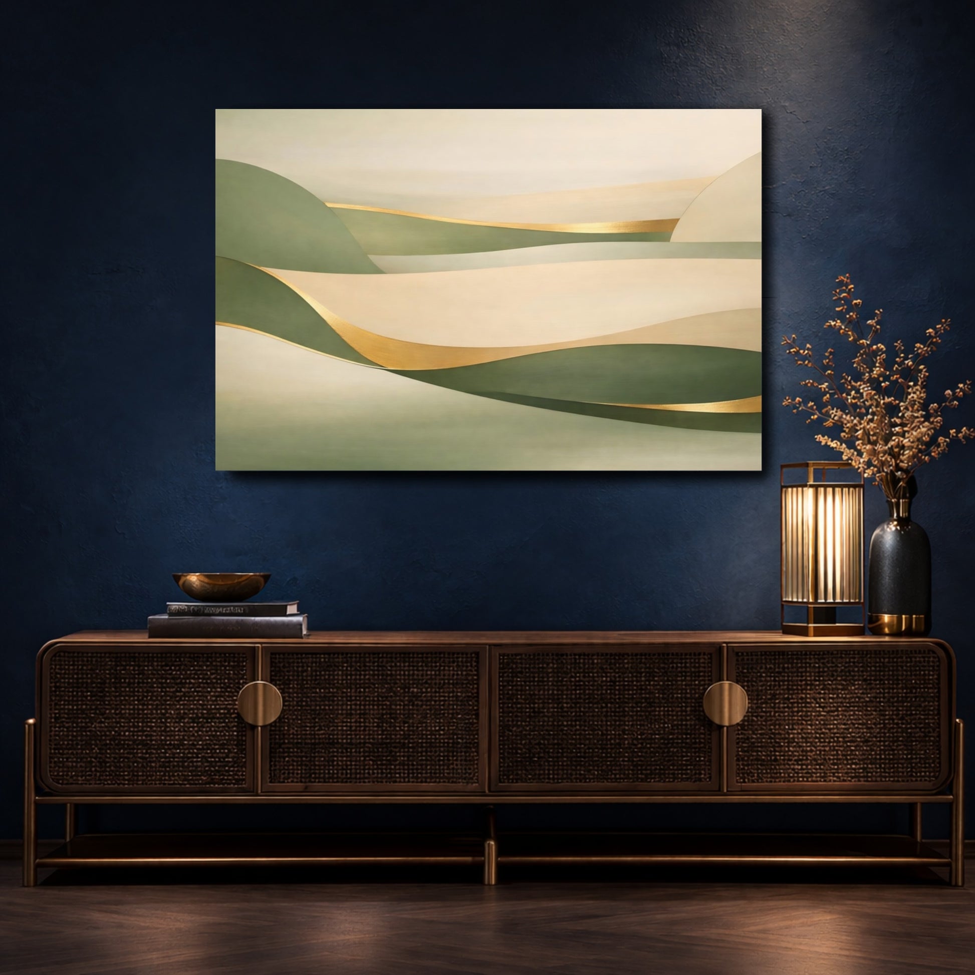 Mockup 4. Nature Abstract Landscape Green Gold Abstract shown as stretched canvas wall art