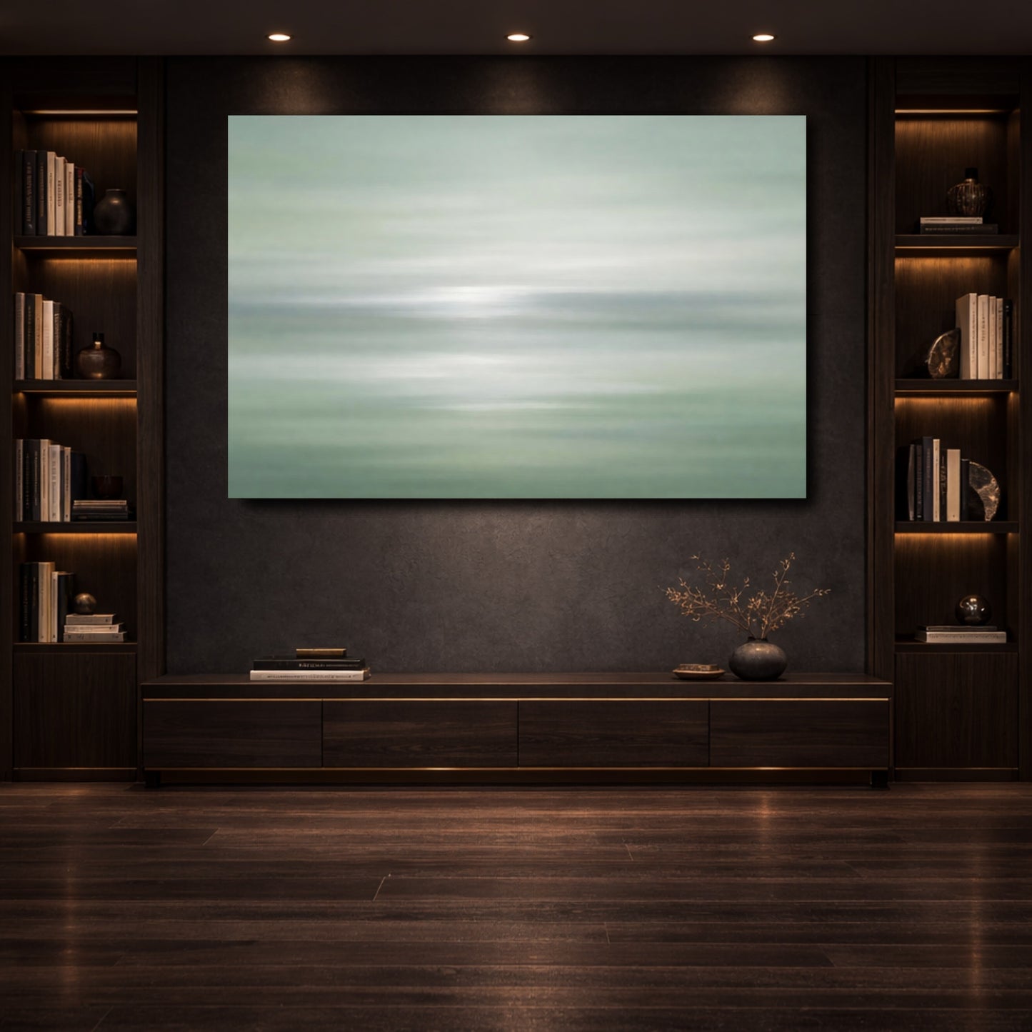 Mockup 3. Nature Abstract Landscape Mint Green Abstract shown as stretched canvas wall art