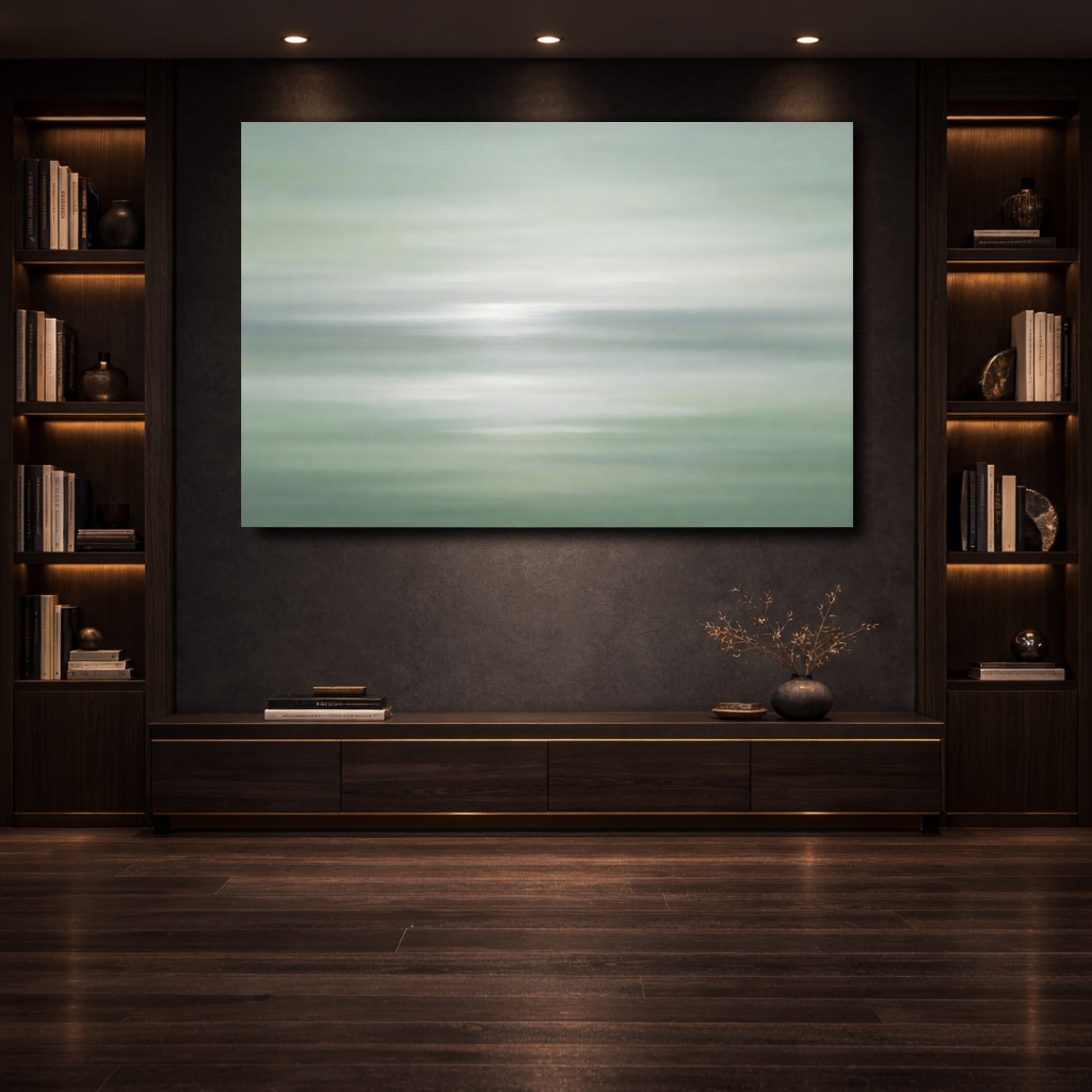 Mockup 3. Nature Abstract Landscape Mint Green Abstract shown as stretched canvas wall art