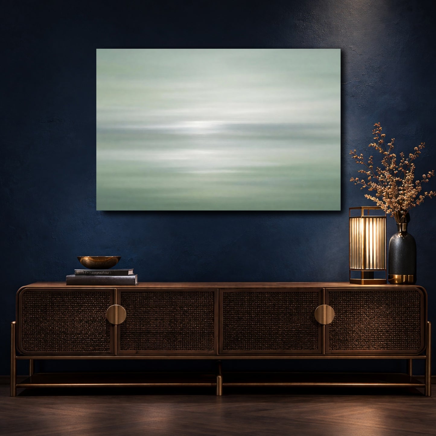 Mockup 4. Nature Abstract Landscape Mint Green Abstract shown as stretched canvas wall art