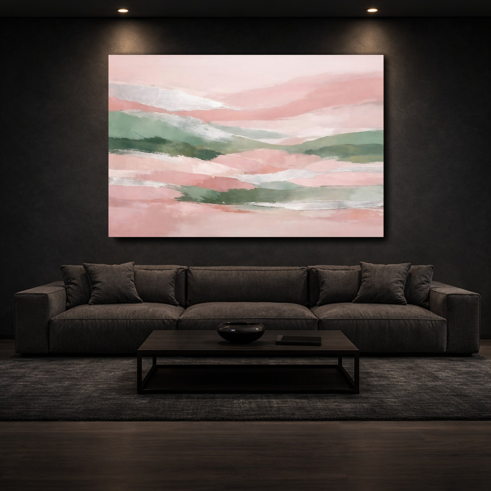Mockup 2. Nature Abstract Landscape Pink Green Silver shown as stretched canvas wall art