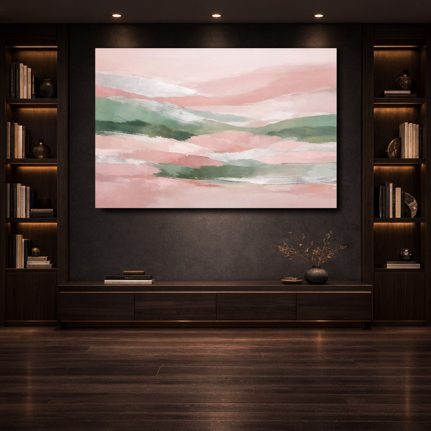 Mockup 3. Nature Abstract Landscape Pink Green Silver shown as stretched canvas wall art
