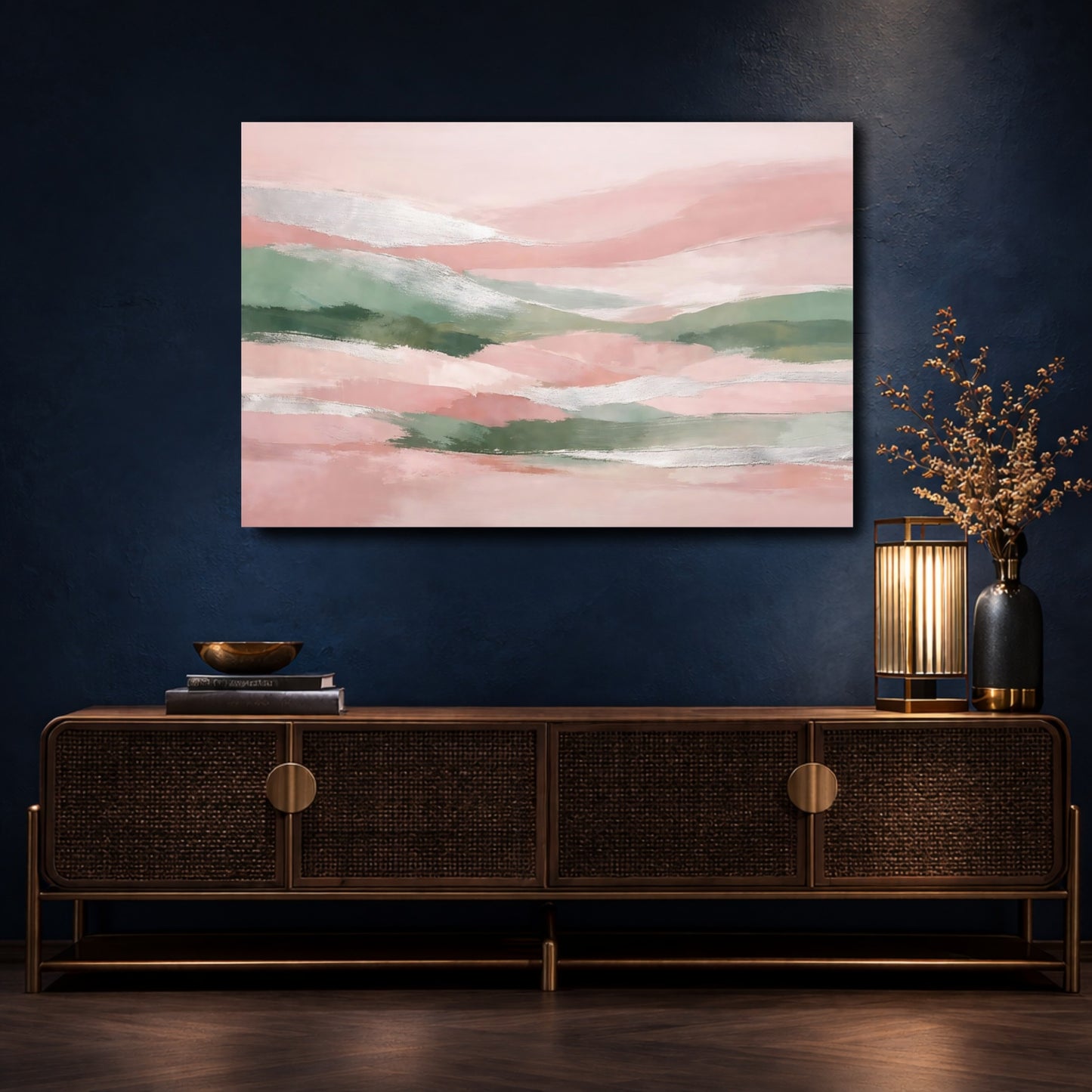 Mockup 4. Nature Abstract Landscape Pink Green Silver shown as stretched canvas wall art