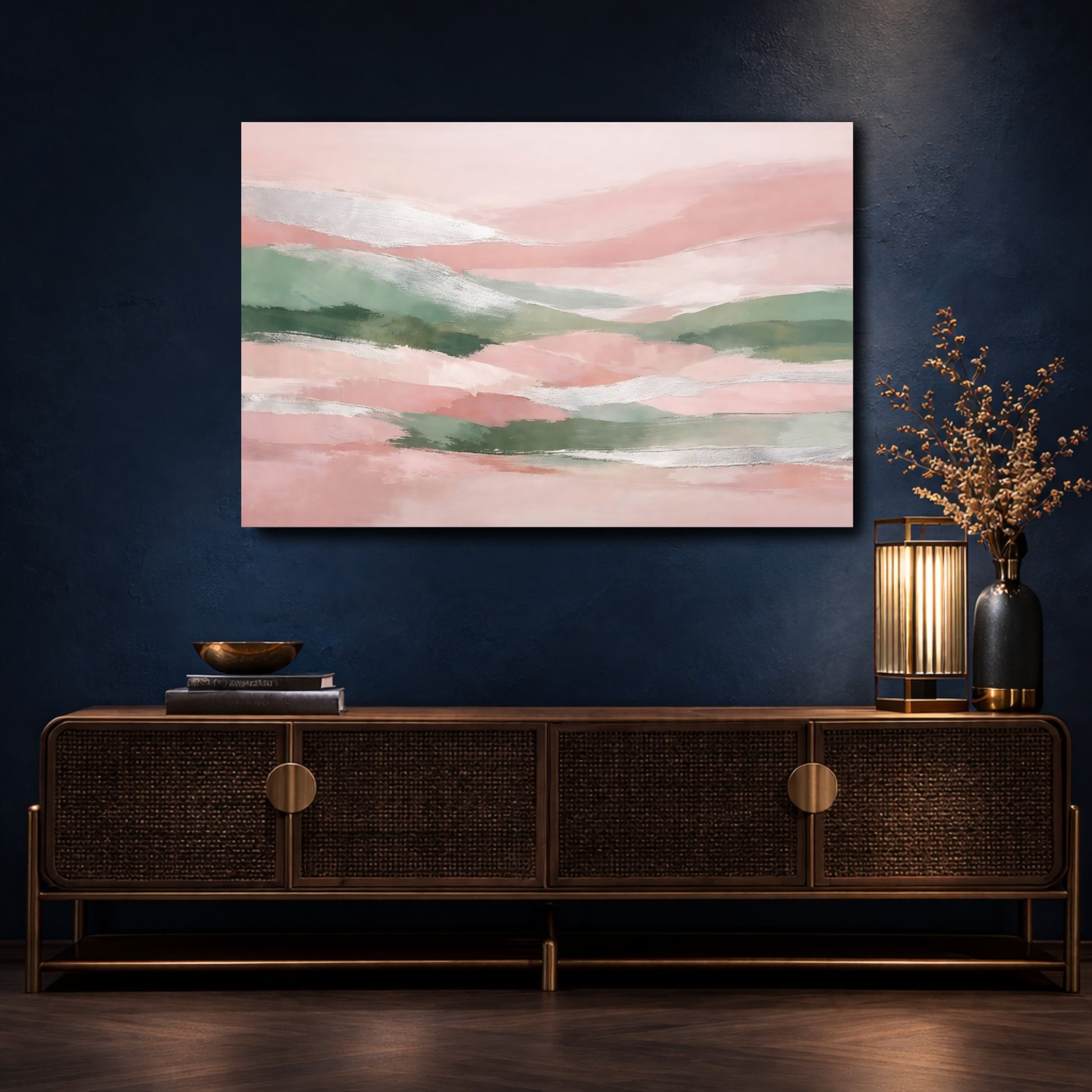 Mockup 4. Nature Abstract Landscape Pink Green Silver shown as stretched canvas wall art