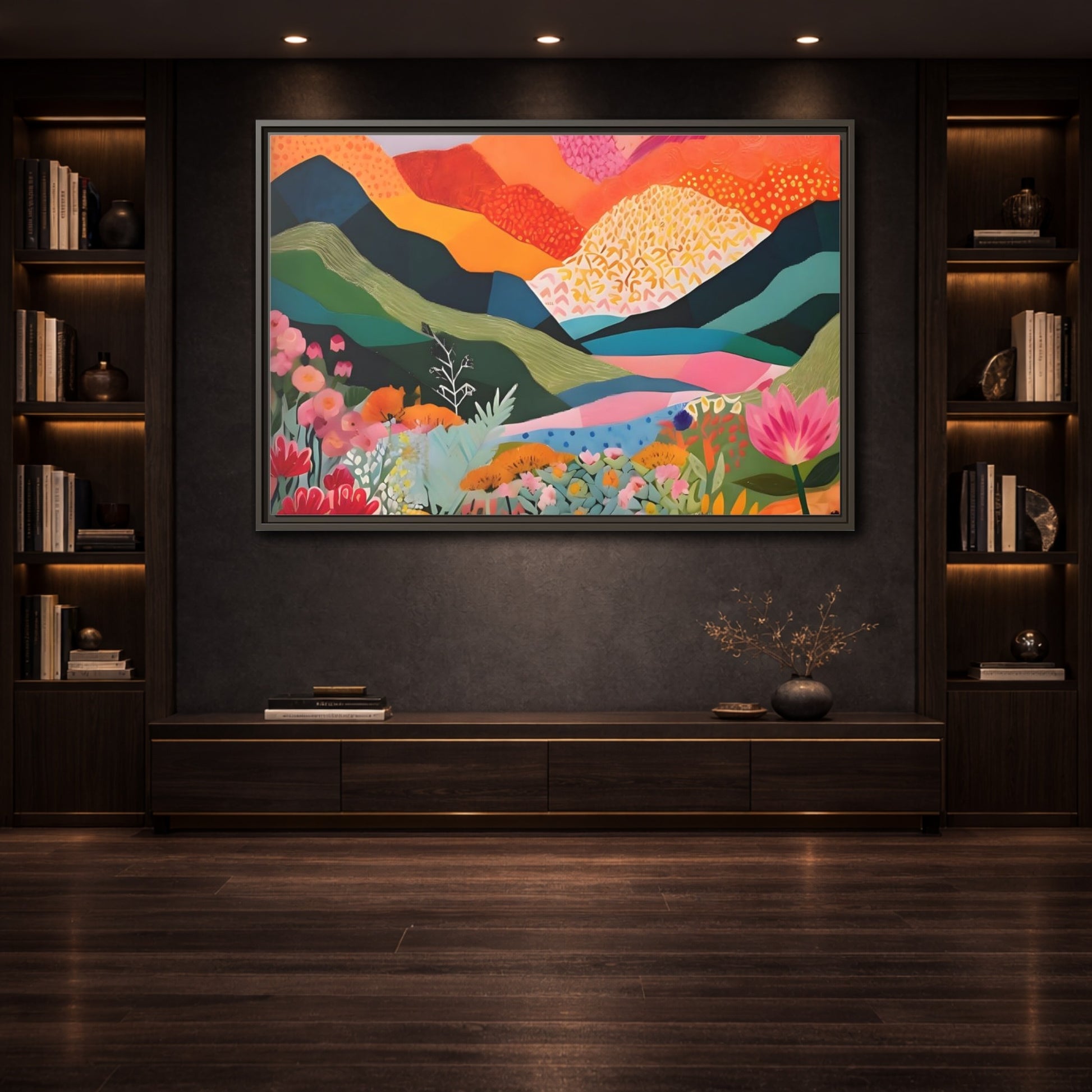 Mockup 3. Nature Abstract Landscape Vibrant Abstract Landscape shown as stretched canvas wall art