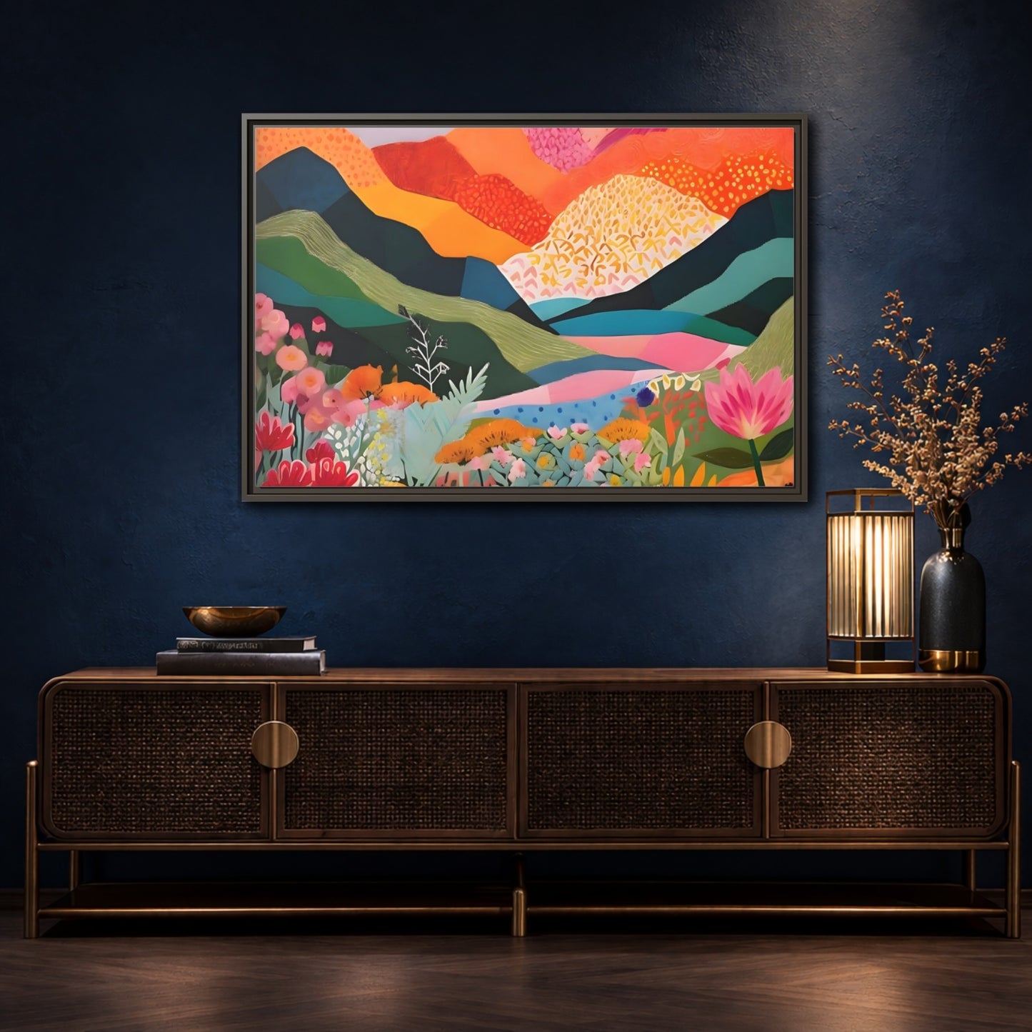 Mockup 4. Nature Abstract Landscape Vibrant Abstract Landscape shown as stretched canvas wall art