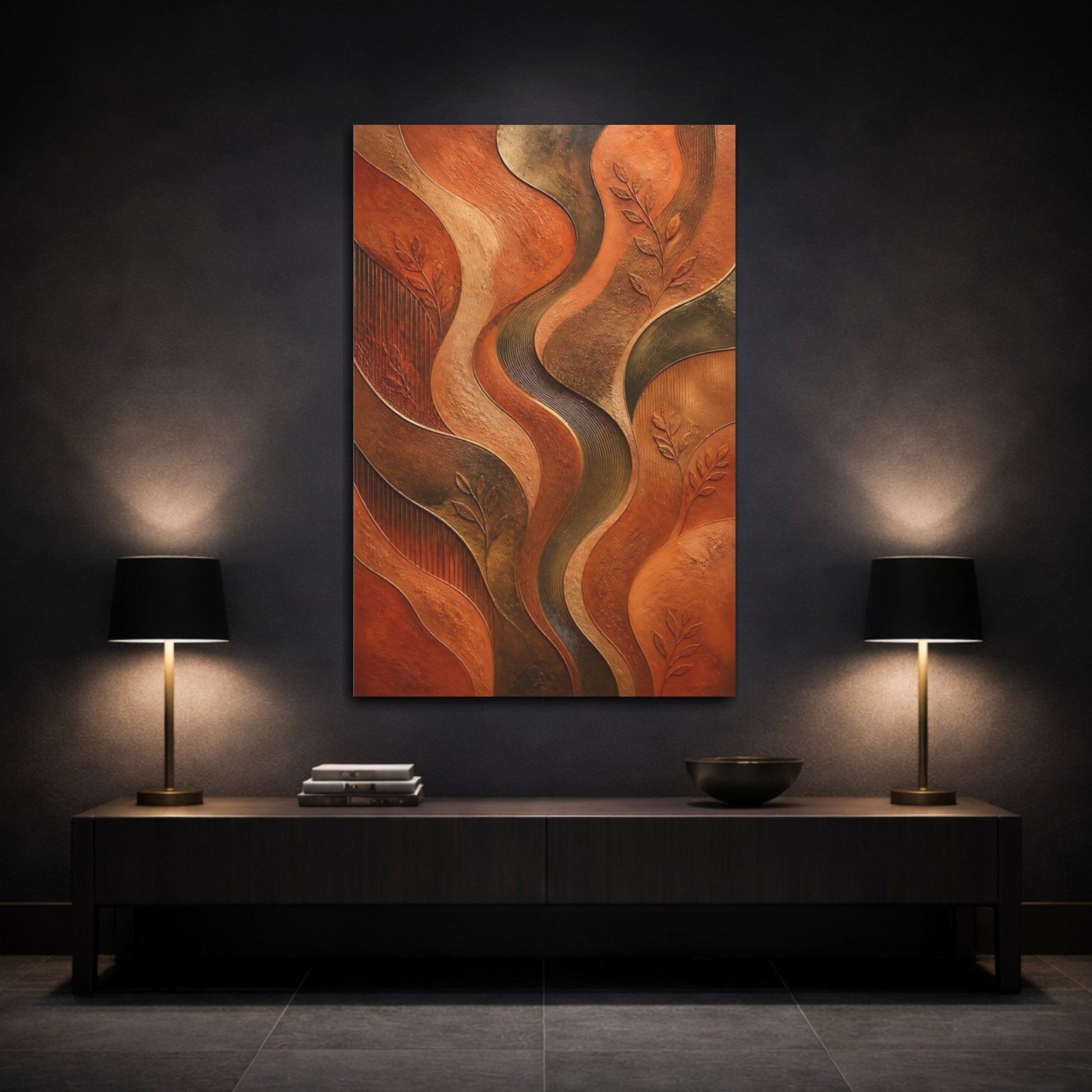 Nature Abstract Leaves Orange Brown Canvas Print – Textured Decor for Living Room, Above Console Table - YesArtYes
