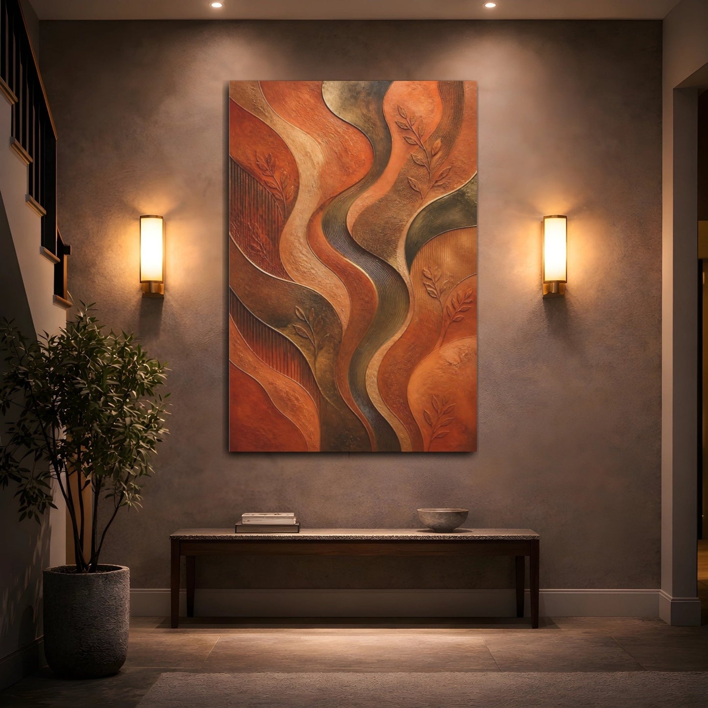 Nature Abstract Leaves Orange Brown Canvas Print – Textured Decor for Living Room, Above Console Table - YesArtYes