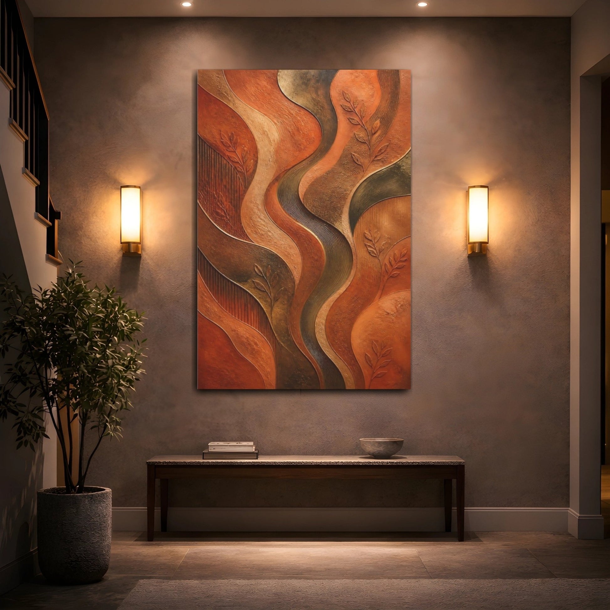 Nature Abstract Leaves Orange Brown Canvas Print – Textured Decor for Living Room, Above Console Table - YesArtYes