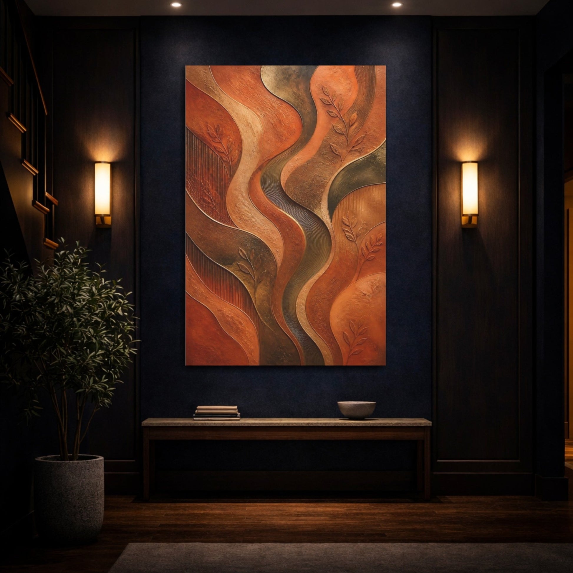 Nature Abstract Leaves Orange Brown Canvas Print – Textured Decor for Living Room, Above Console Table - YesArtYes