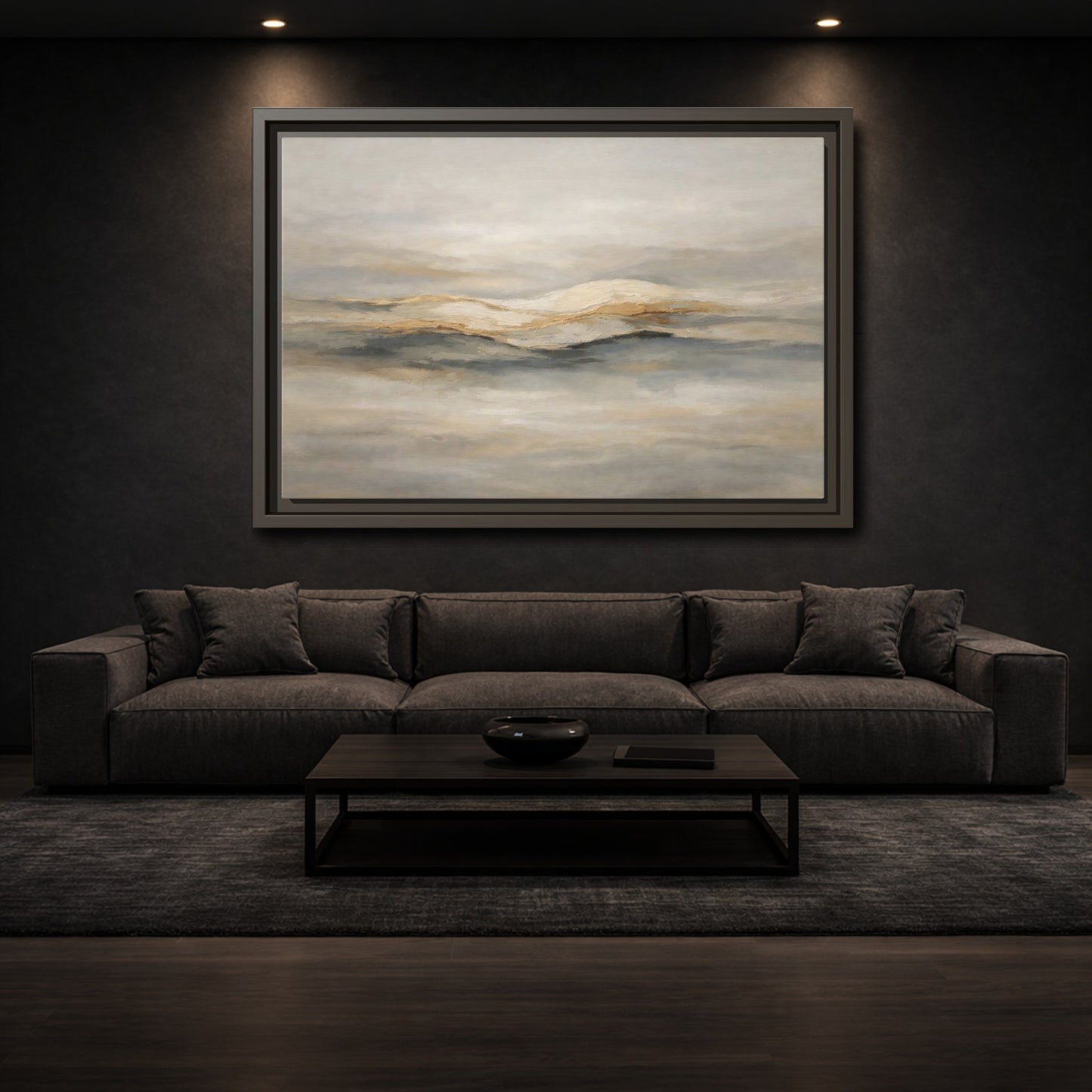 Mockup 2. Nature Abstract Mountains Beige Grey Gold shown as stretched canvas wall art