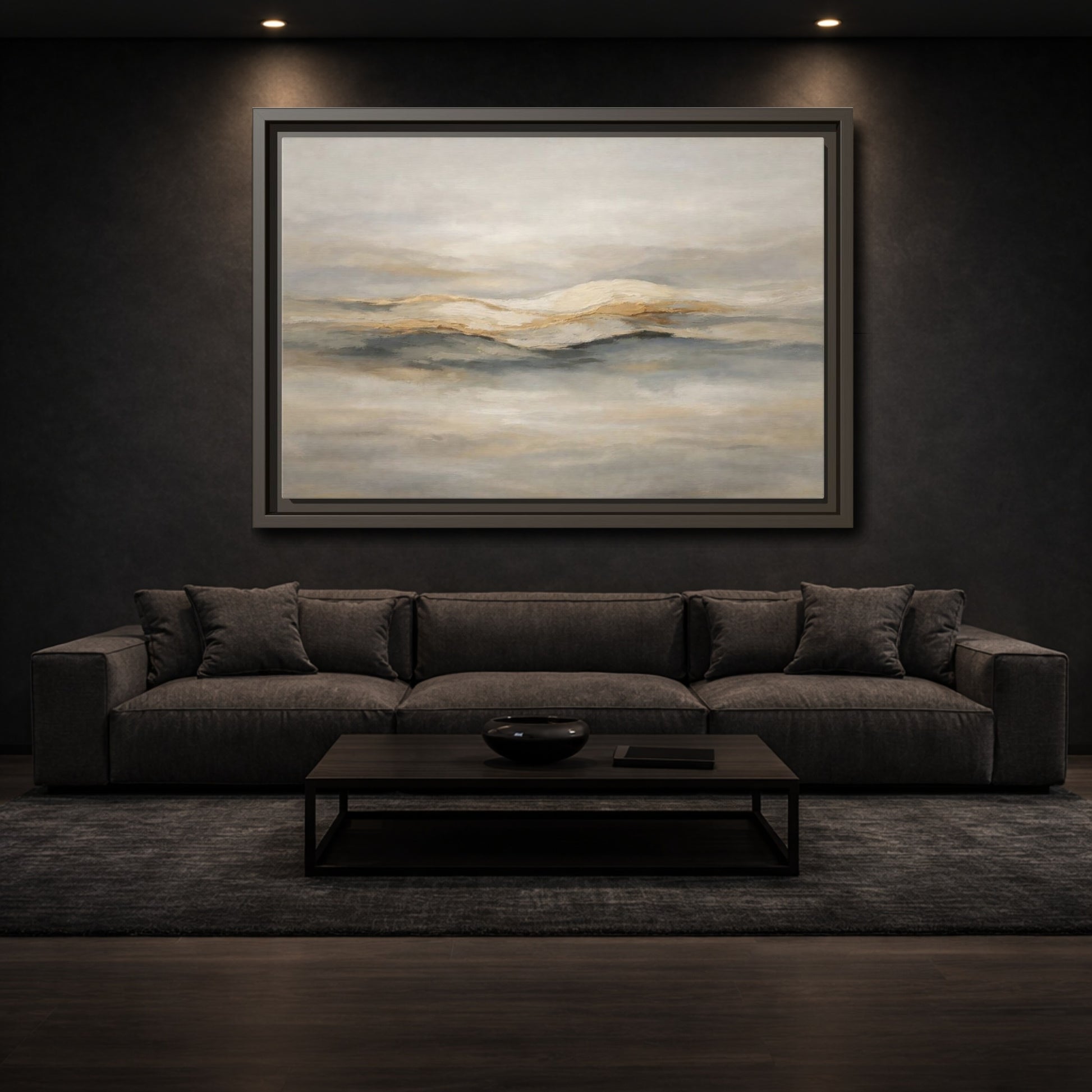 Mockup 2. Nature Abstract Mountains Beige Grey Gold shown as stretched canvas wall art