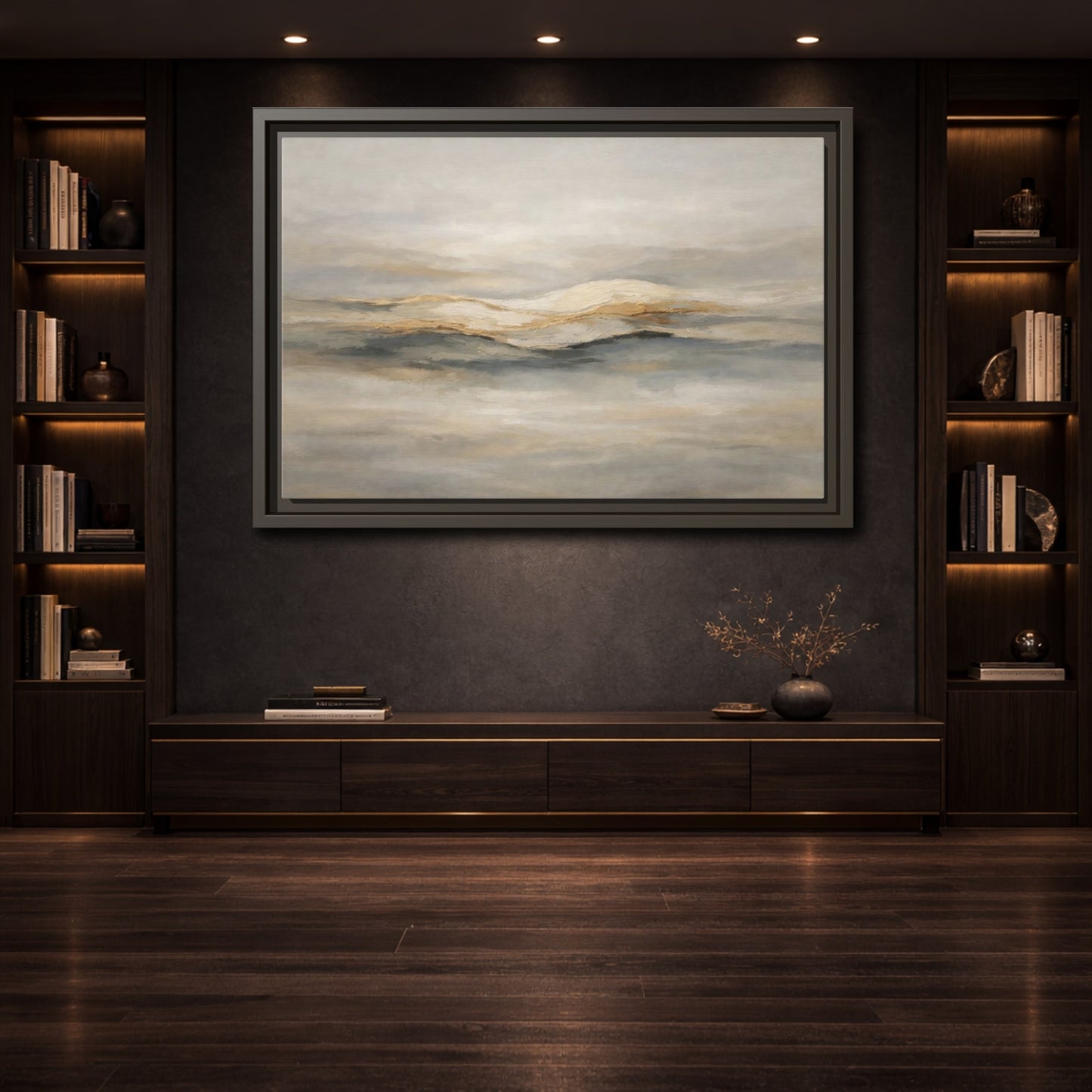 Mockup 3. Nature Abstract Mountains Beige Grey Gold shown as stretched canvas wall art