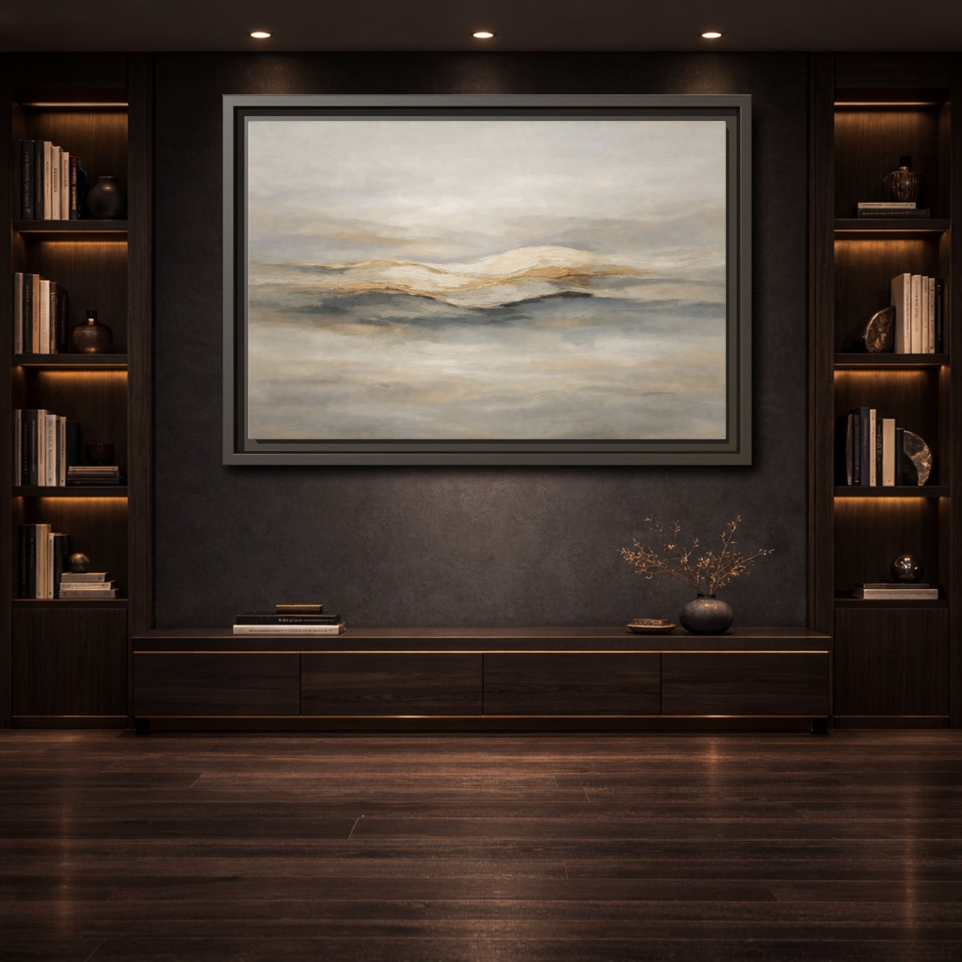 Mockup 3. Nature Abstract Mountains Beige Grey Gold shown as stretched canvas wall art