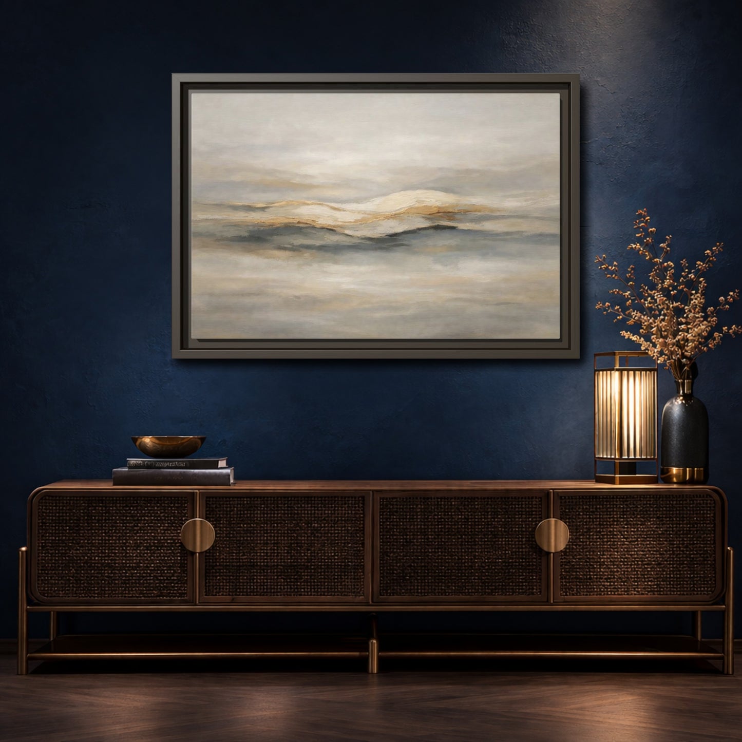 Mockup 4. Nature Abstract Mountains Beige Grey Gold shown as stretched canvas wall art
