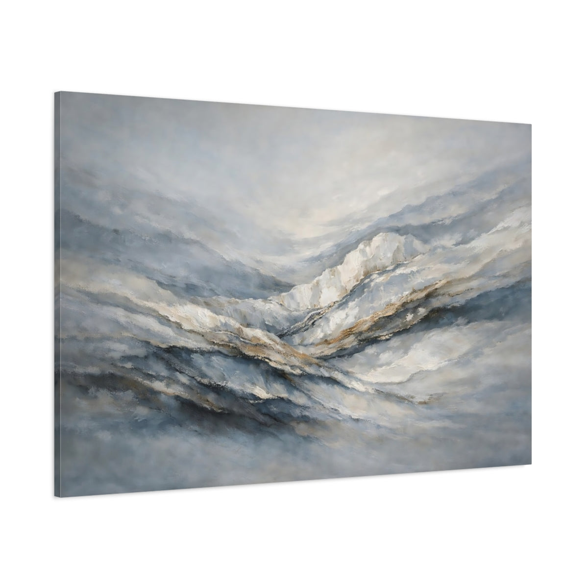 Main Mockup. Nature Abstract Mountains Blue Grey Brown shown as stretched canvas wall art