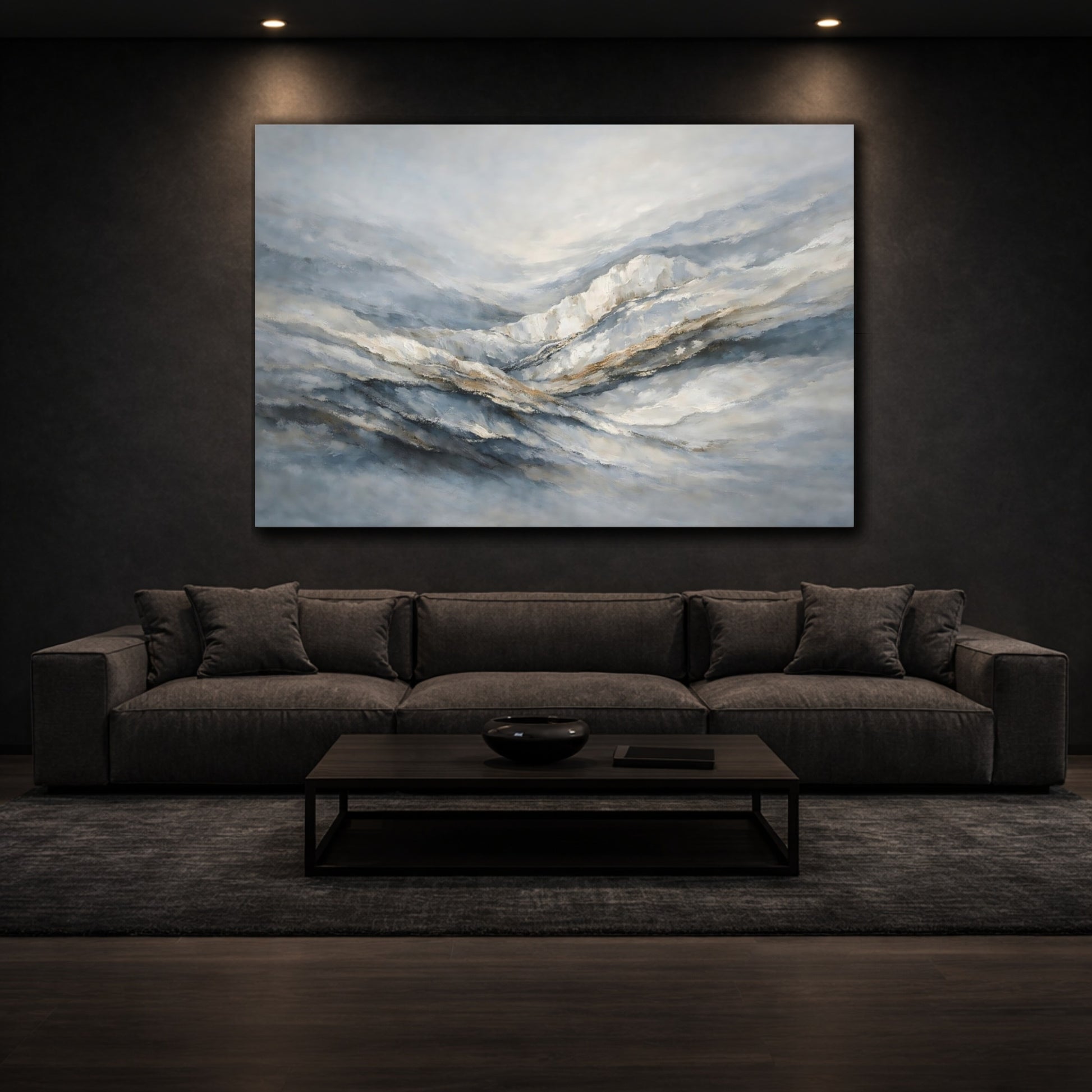 Mockup 2. Nature Abstract Mountains Blue Grey Brown shown as stretched canvas wall art