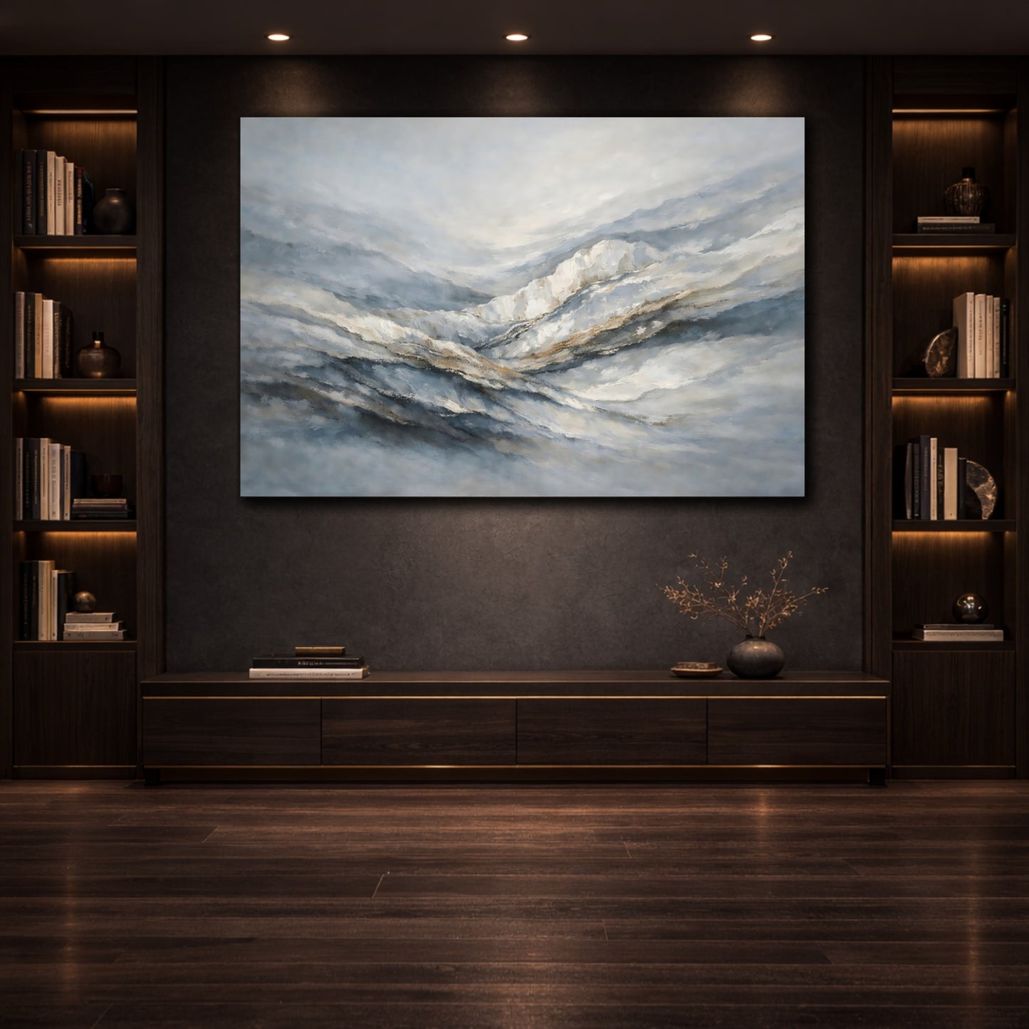 Mockup 3. Nature Abstract Mountains Blue Grey Brown shown as stretched canvas wall art