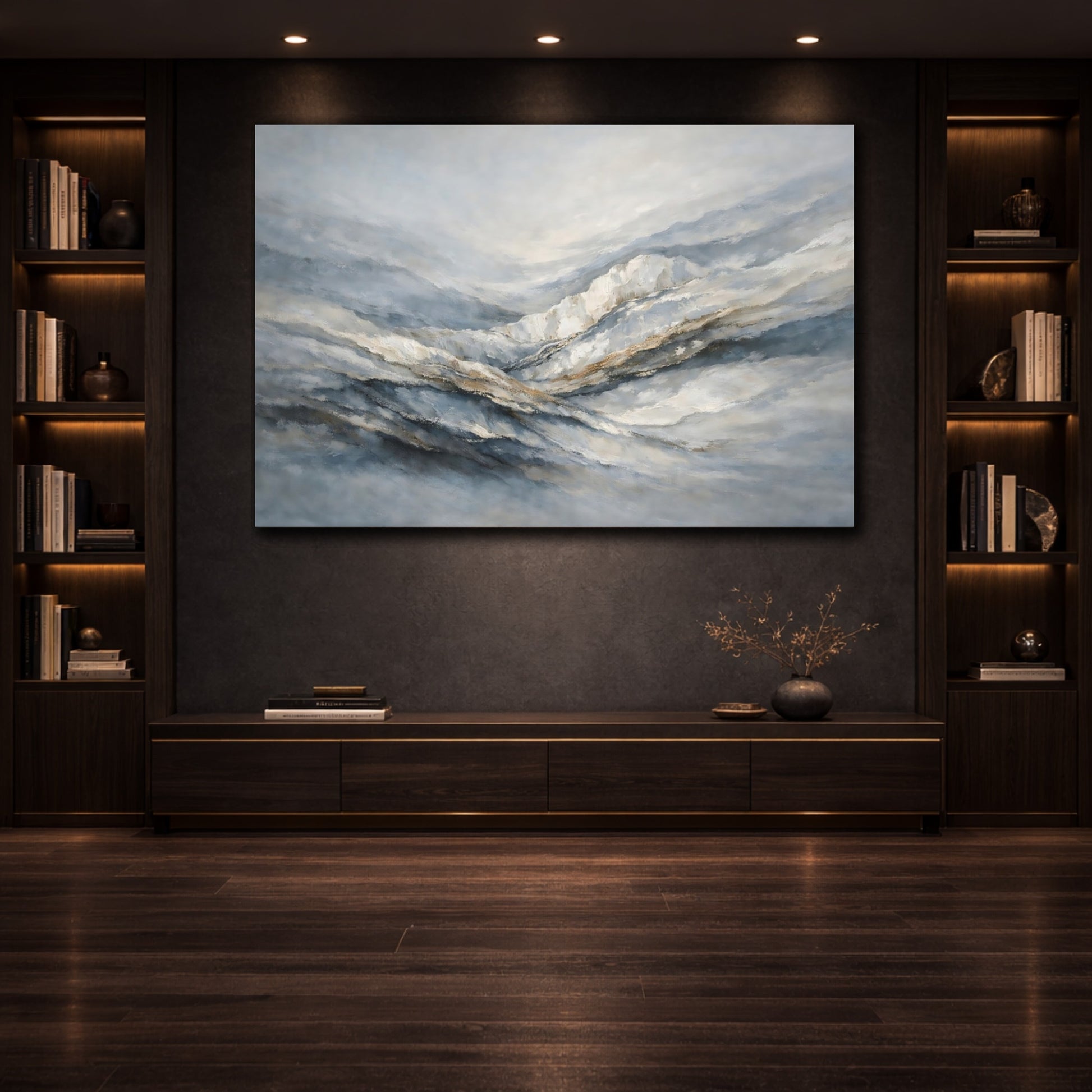 Mockup 3. Nature Abstract Mountains Blue Grey Brown shown as stretched canvas wall art