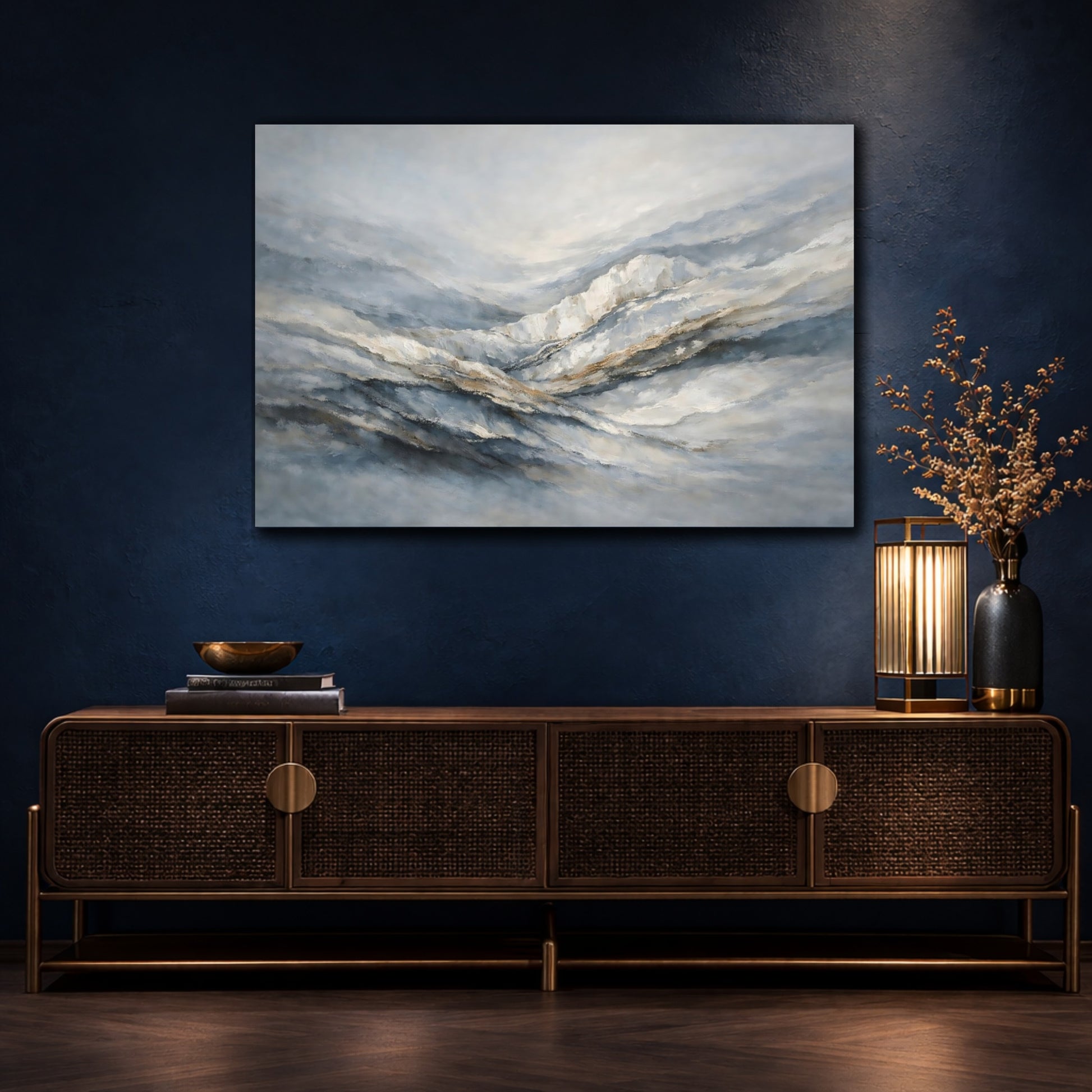 Mockup 4. Nature Abstract Mountains Blue Grey Brown shown as stretched canvas wall art