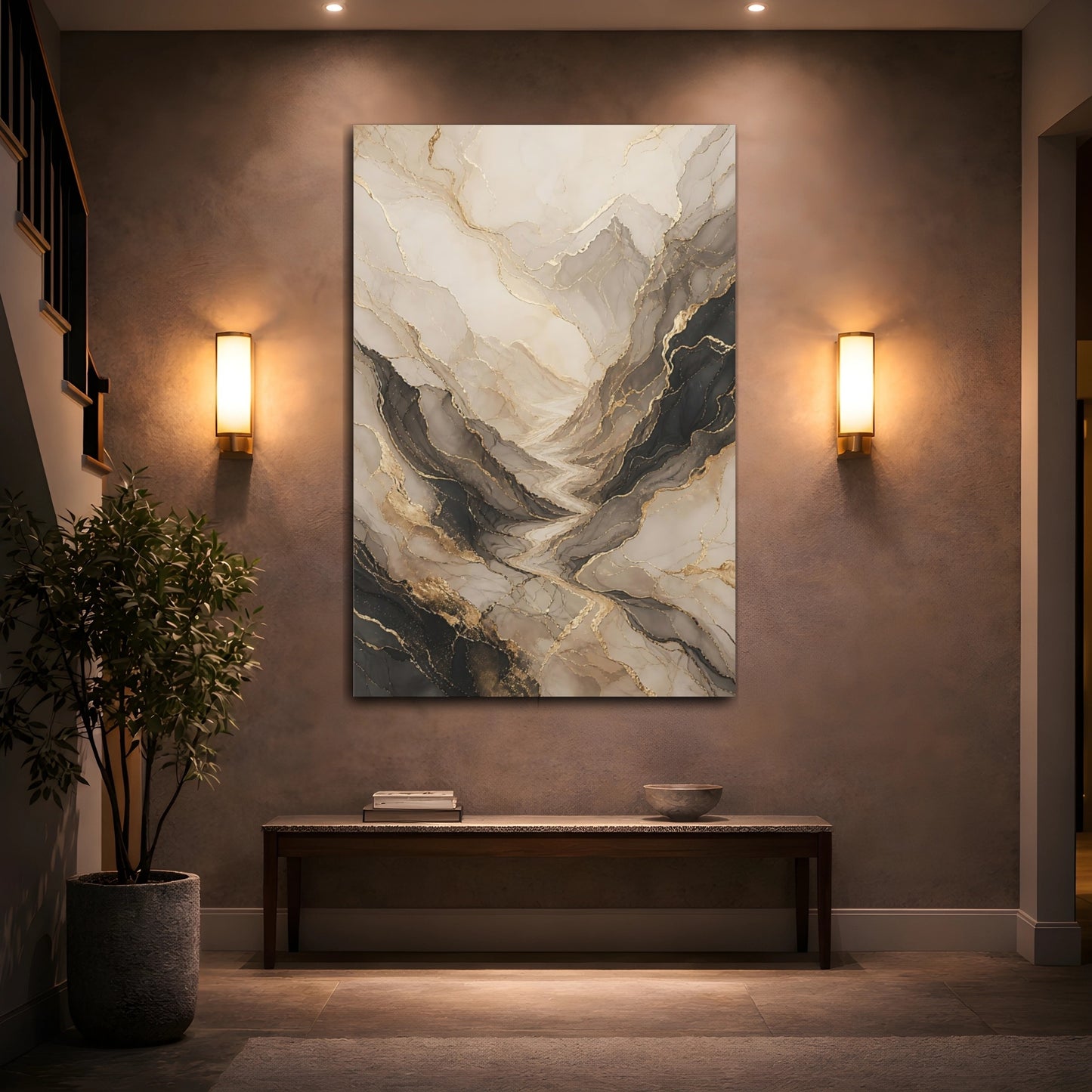 Mockup 2. Nature Abstract Mountains Neutral Gold shown as stretched canvas wall art