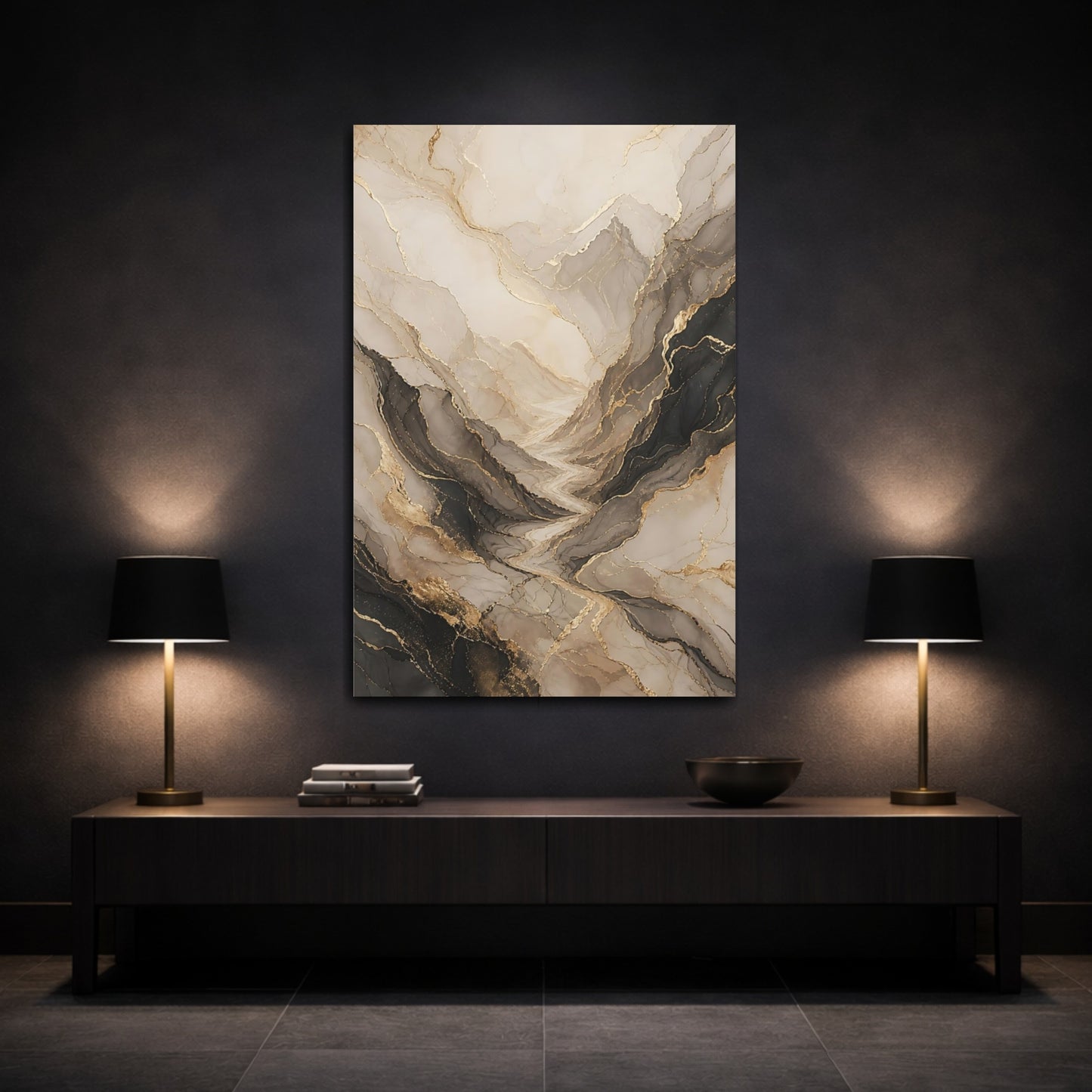 Mockup 3. Nature Abstract Mountains Neutral Gold shown as stretched canvas wall art